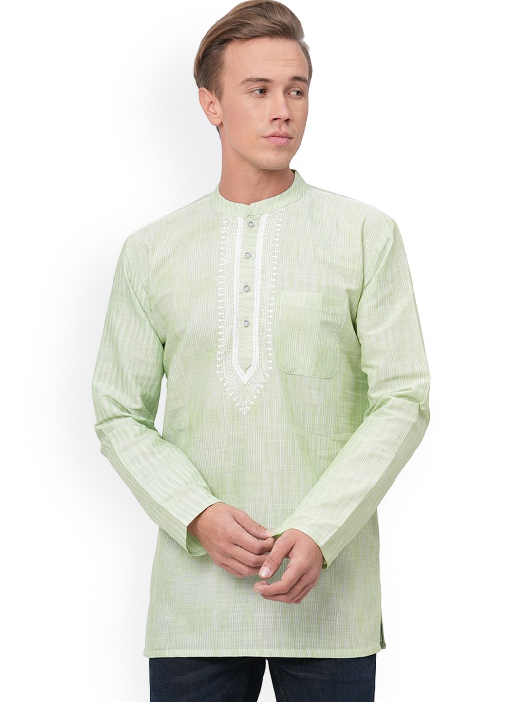 

Arch element Men Striped Thread Work Kurta, Green