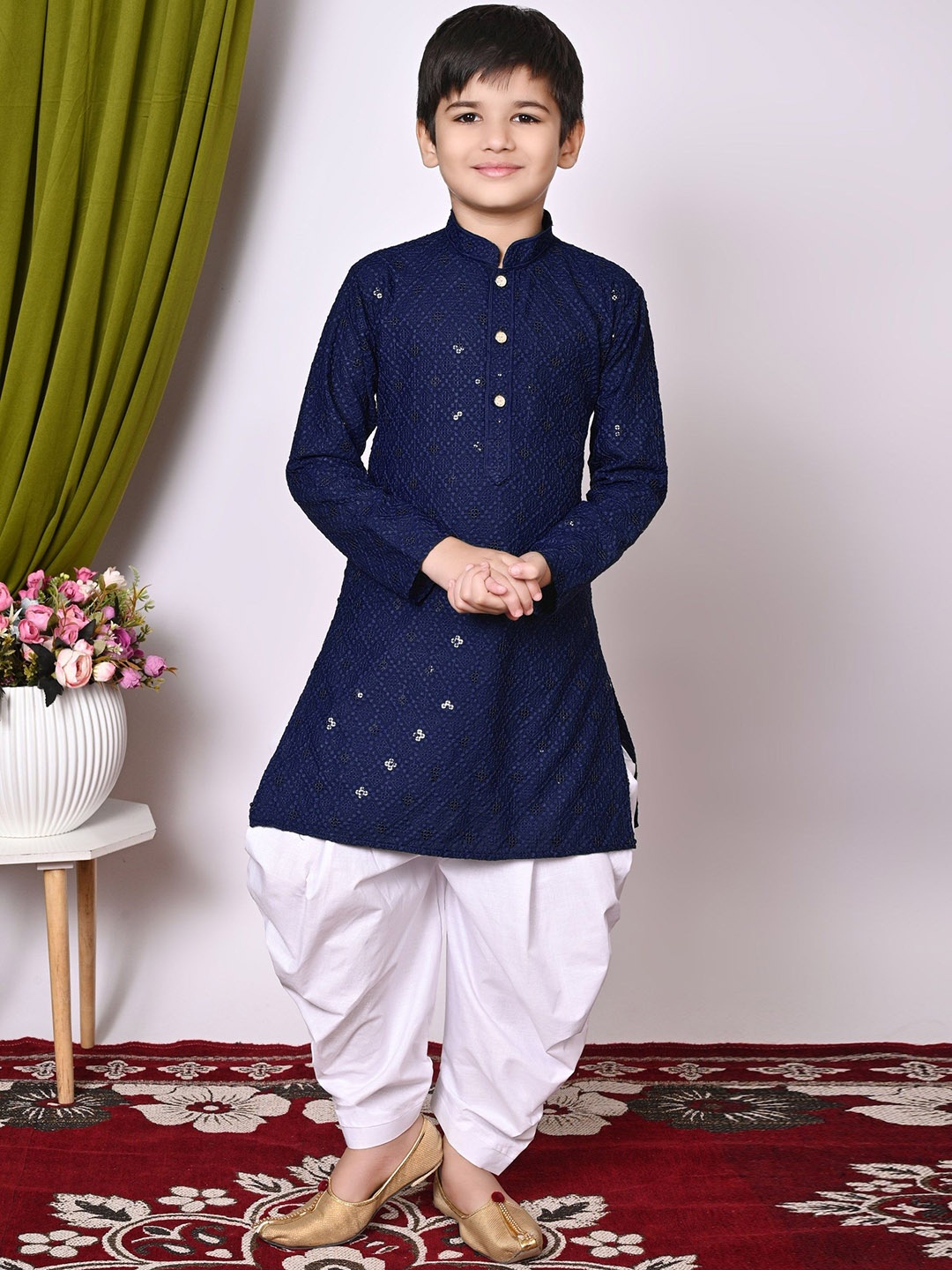 

BAESD Boys Embroidered Regular Sequinned Kurta with Patiala, Navy blue