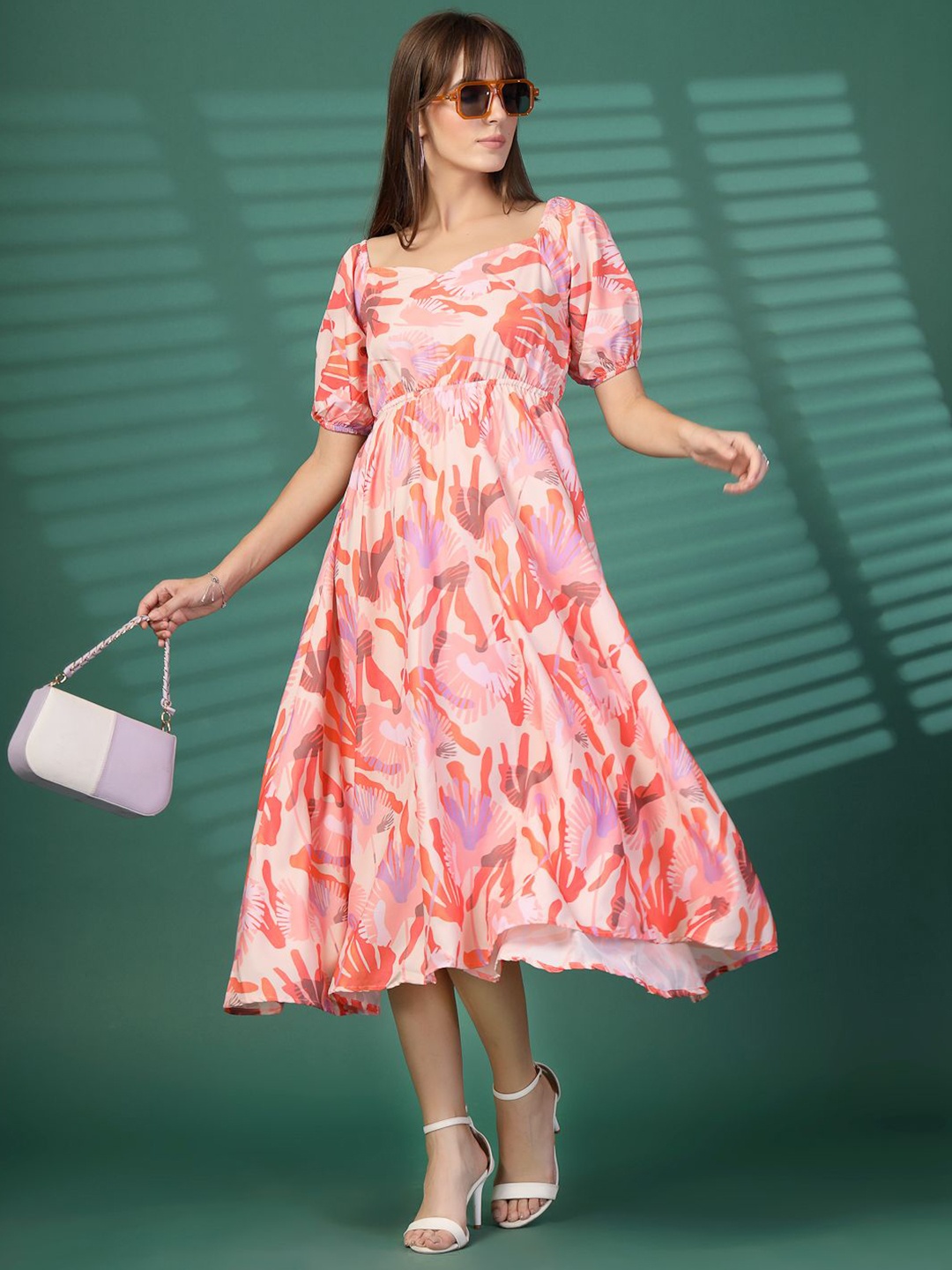 

DressBerry Floral Print Puff Sleeve Crepe Fit & Flare Midi Dress, Orange