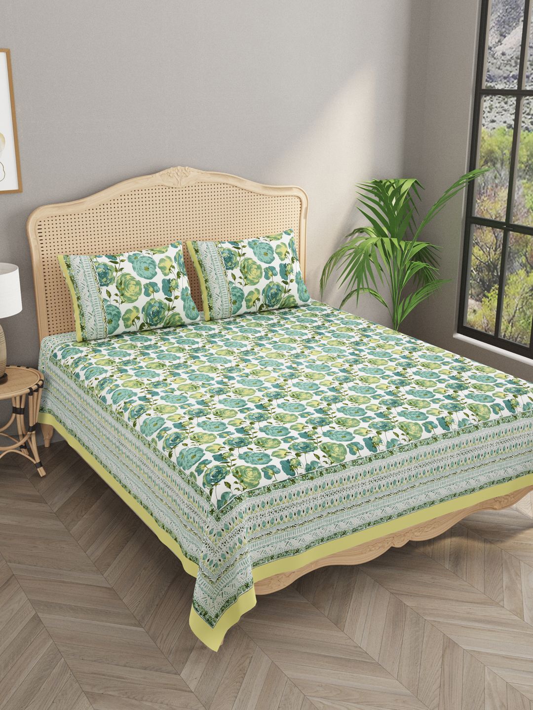 

Gulaab Jaipur White & Green Floral 400 TC King Bedsheet with 2 Pillow Covers