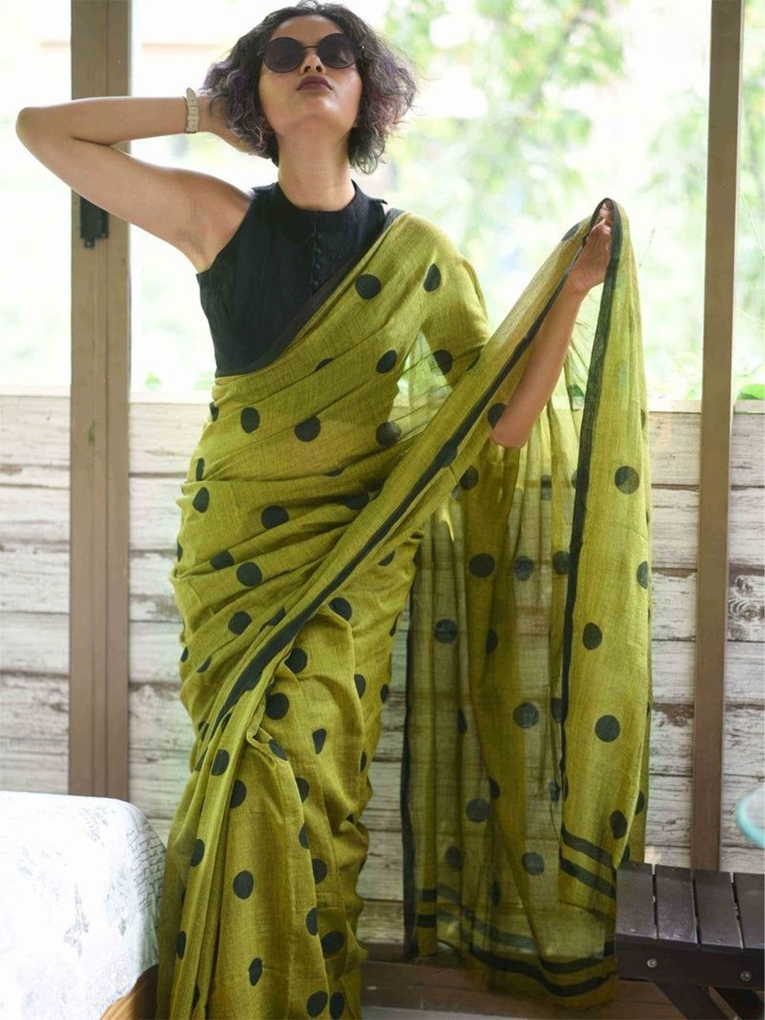 

Moda Rapido Polka Dot Chanderi Saree, Green