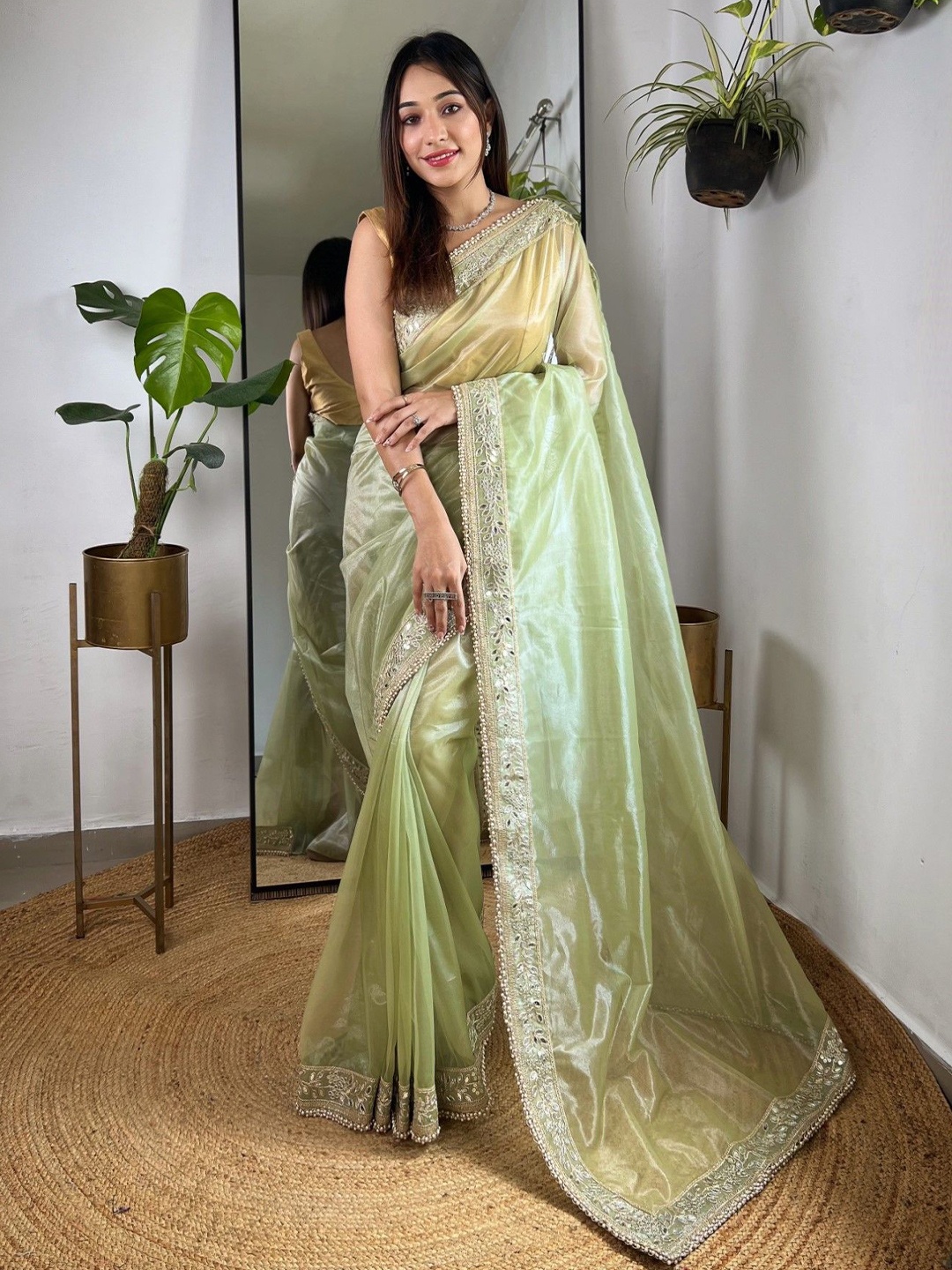 

Panzora Embellished Sequinned Tissue Saree, Green