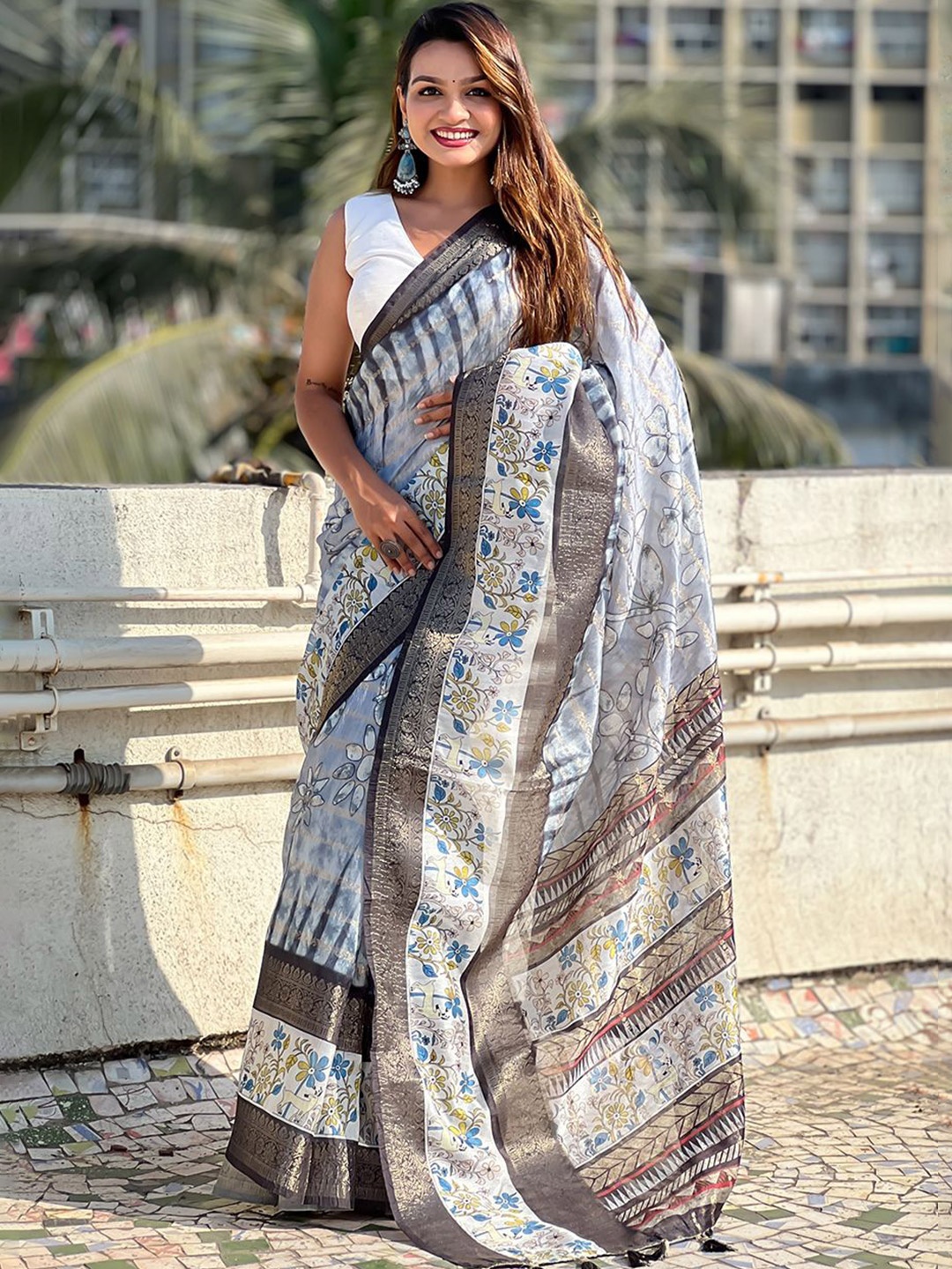 

all about you Floral Zari Chanderi Saree, Grey