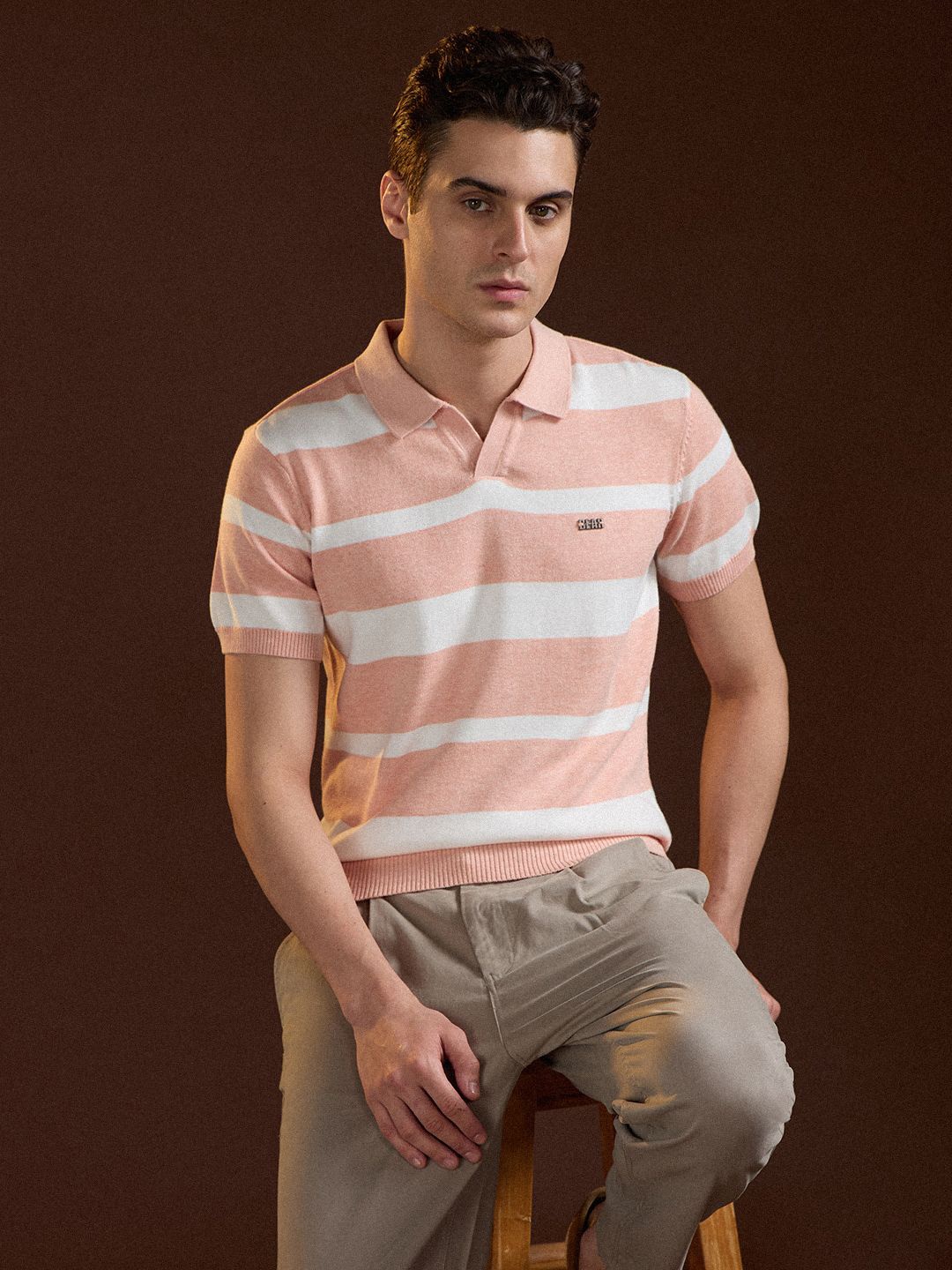 

THE BEAR HOUSE Men Striped Polo Collar Slim Fit T-shirt, Peach