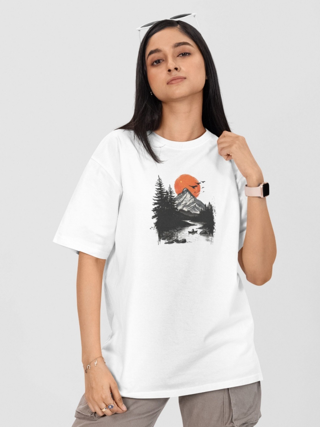 

Moda Rapido Women Printed Drop-Shoulder Sleeves Applique T-shirt, White
