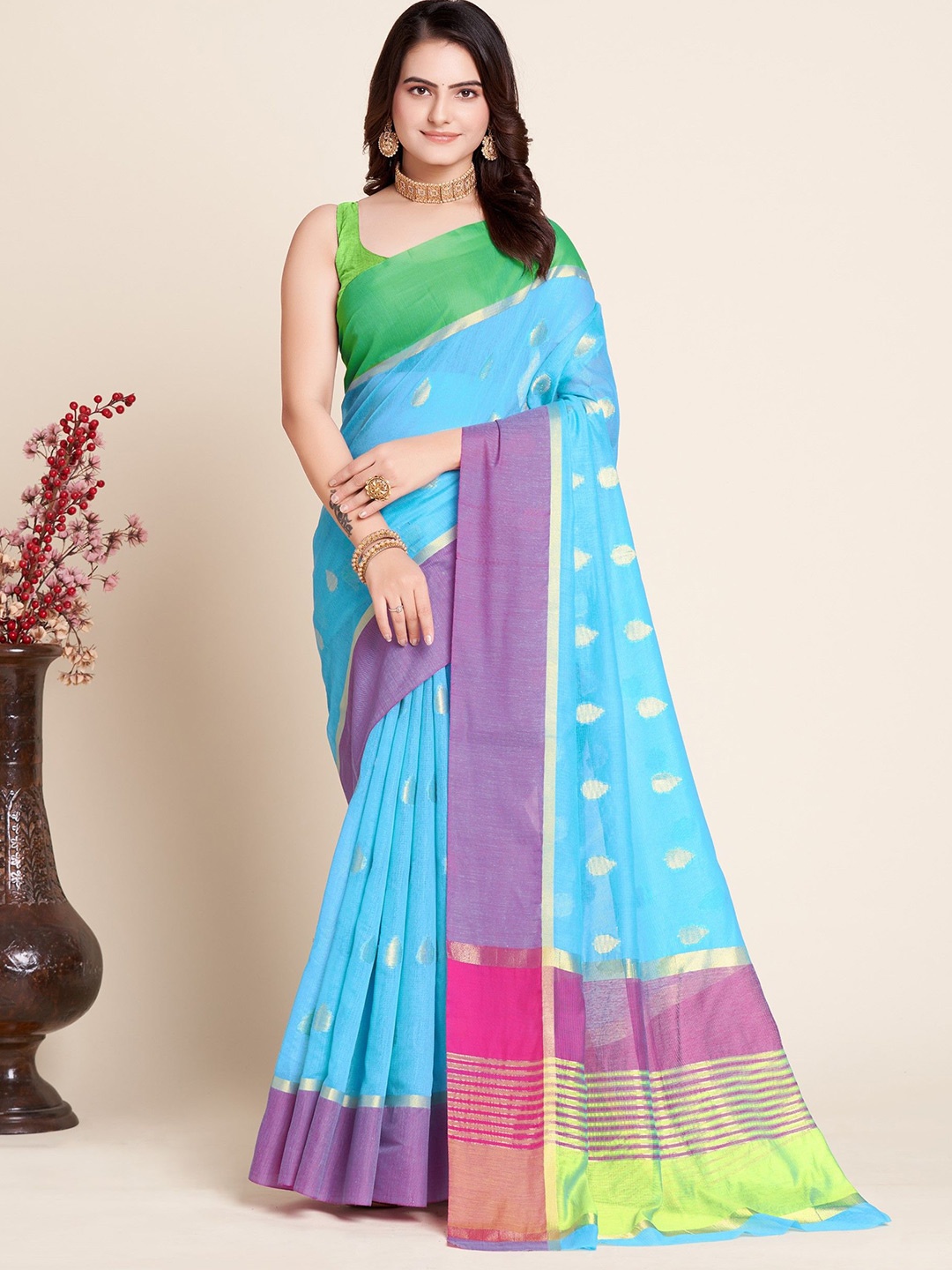

Rangtulika Ethnics Woven Design Zari Silk Blend Saree, Blue