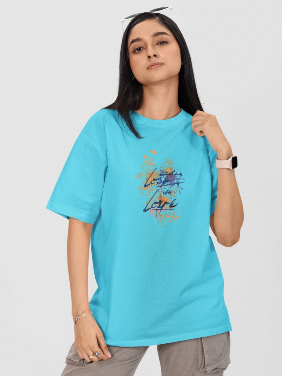 

Moda Rapido Women Printed Drop-Shoulder Sleeves Pockets T-shirt, Turquoise blue