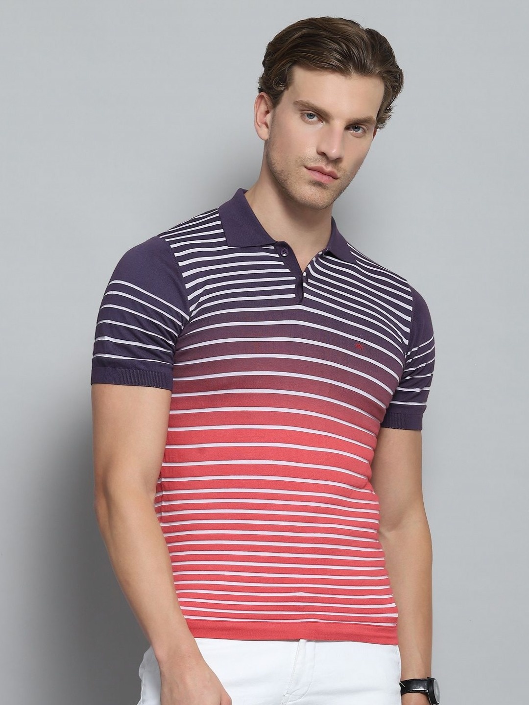 

Monte Carlo Men Striped Polo Collar Pure Cotton Pockets T-shirt, Purple