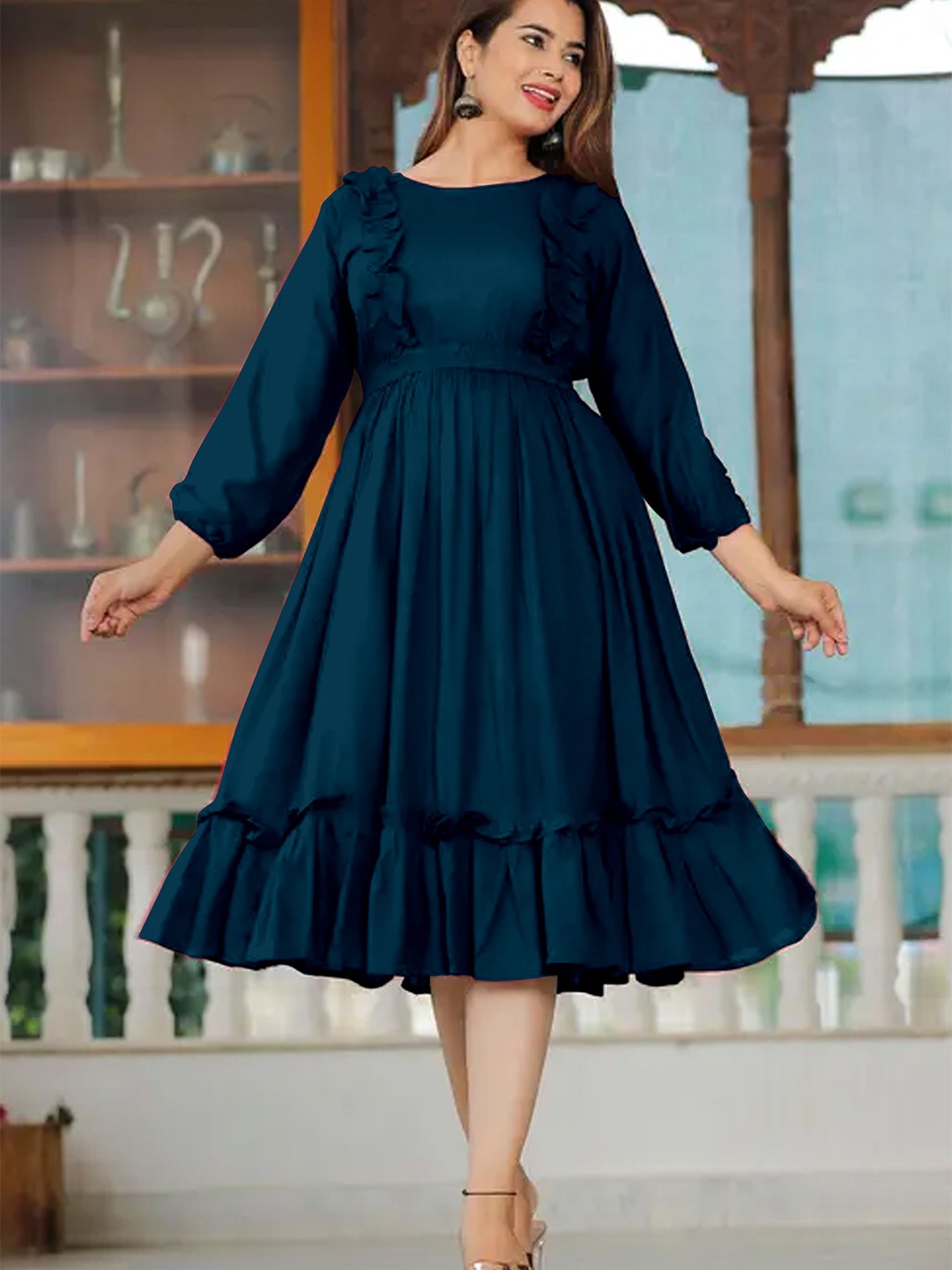 

Raiyani Fashion Applique Crepe Fit & Flare Midi Dress, Blue