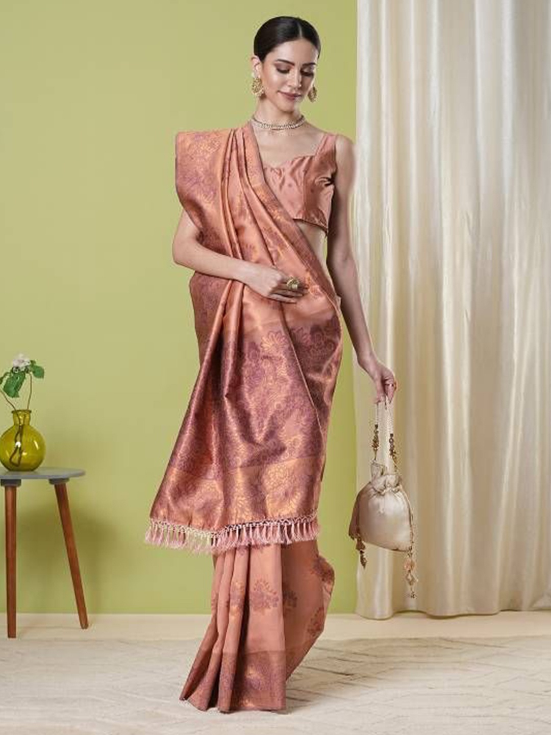 

HERE&NOW Woven Design Zari Silk Blend Banarasi Saree, Peach
