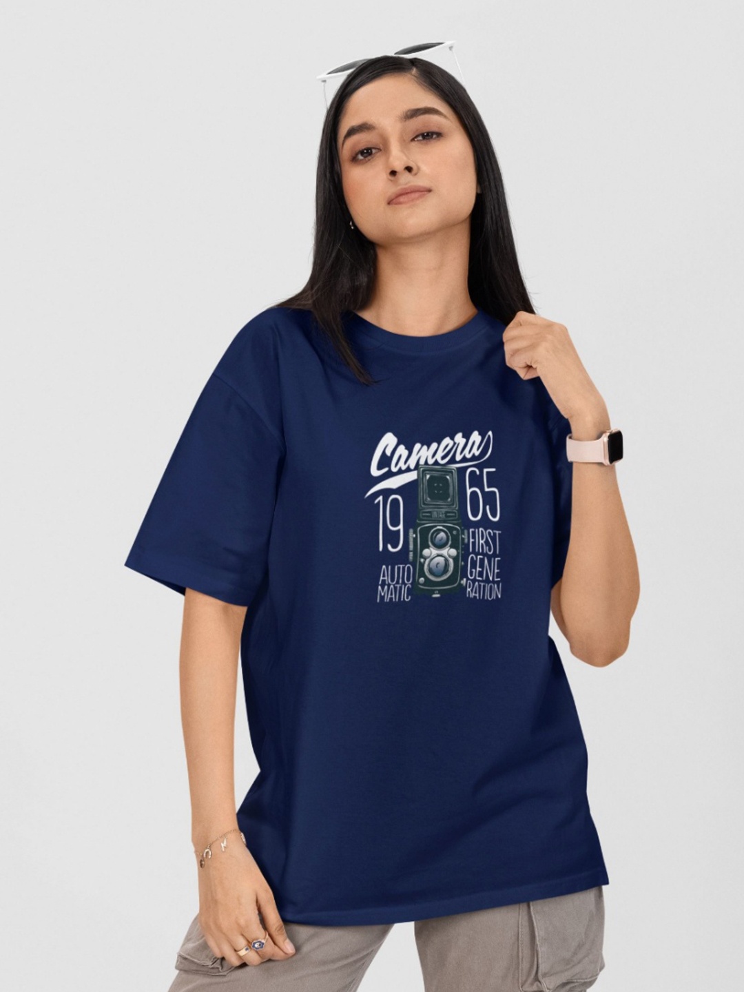 

Moda Rapido Women Printed Drop-Shoulder Sleeves Applique T-shirt, Navy blue