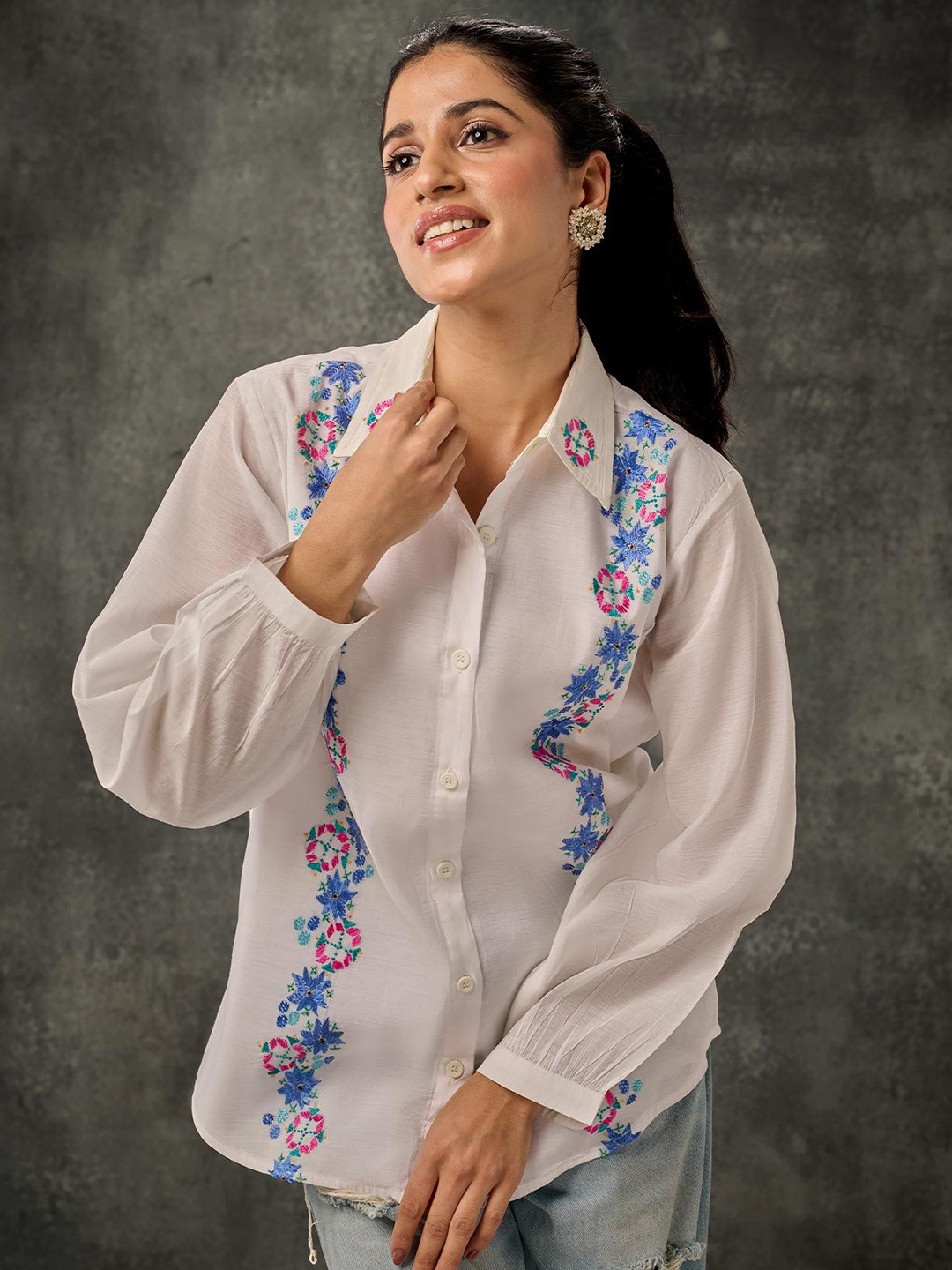 

Phulkari Forever Embroidered Pure Silk Shirt Style Top, White