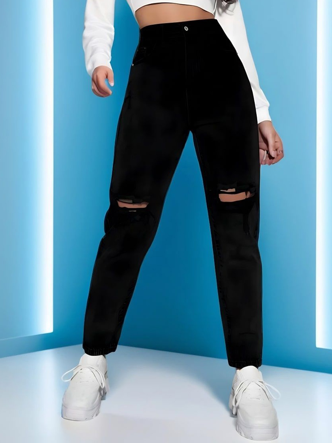 

Moda Rapido Women Comfort Boyfriend Fit High-Rise Slash Knee Jeans, Black