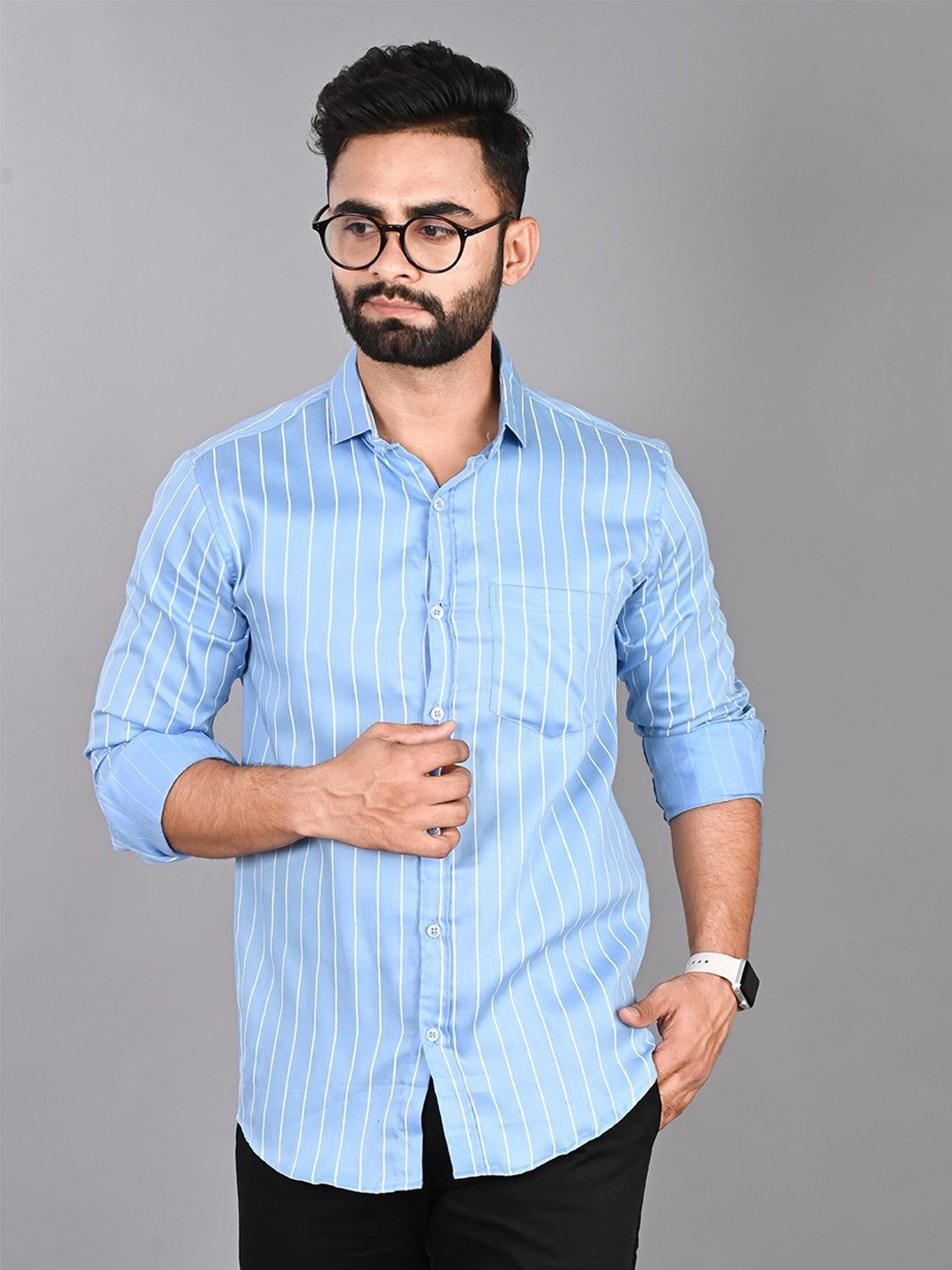 

PulseIQ Men Slim Fit Multi Stripes Opaque Striped Casual Shirt, Blue