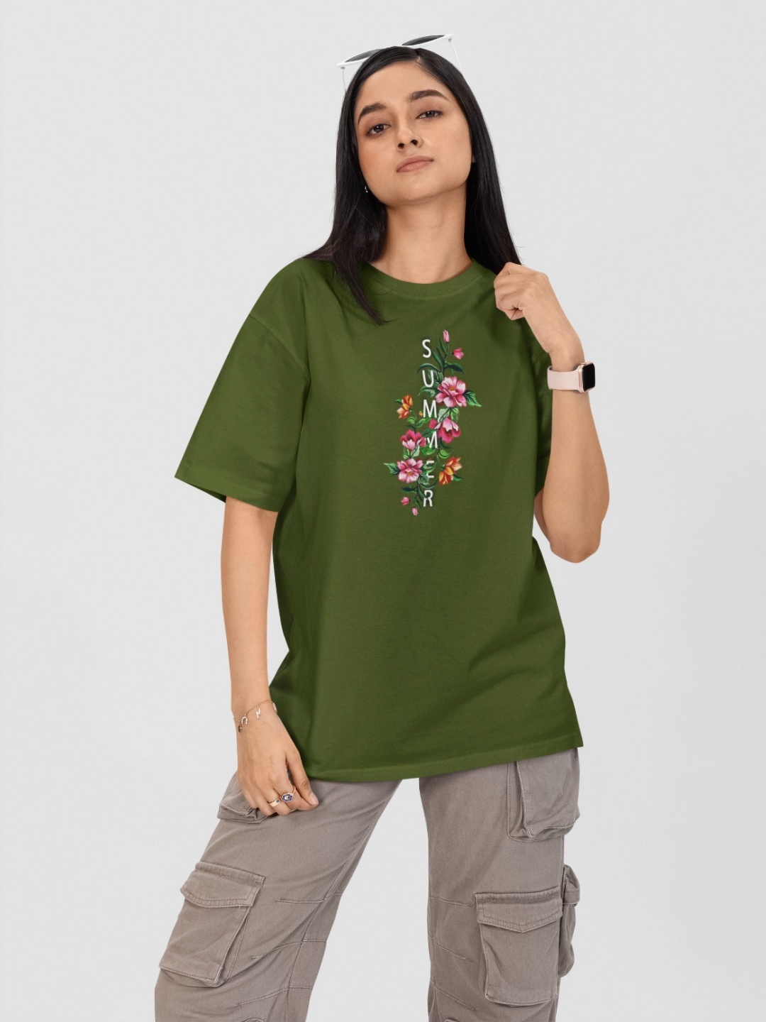 

Moda Rapido Women Printed Drop-Shoulder Sleeves Applique T-shirt, Green