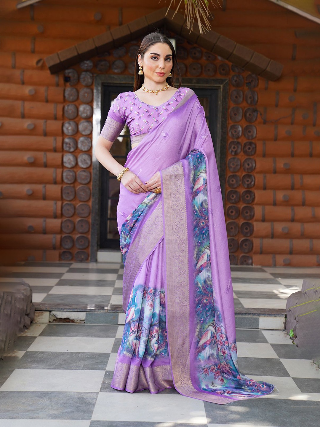 

Sanwariya Silk Floral Zari Poly Chiffon Saree, Purple