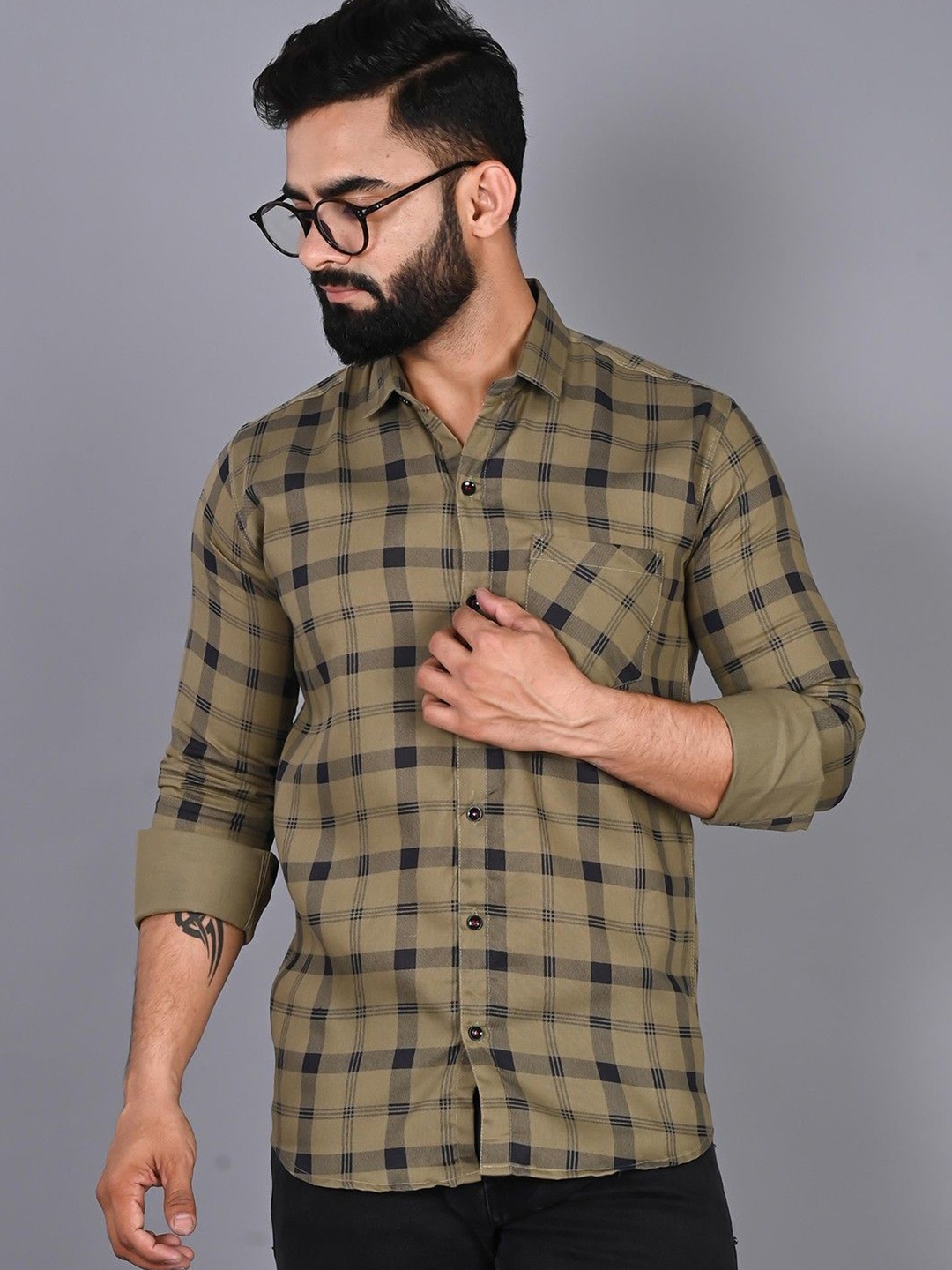 

PulseIQ Men Slim Fit Opaque Checked Casual Shirt, Khaki