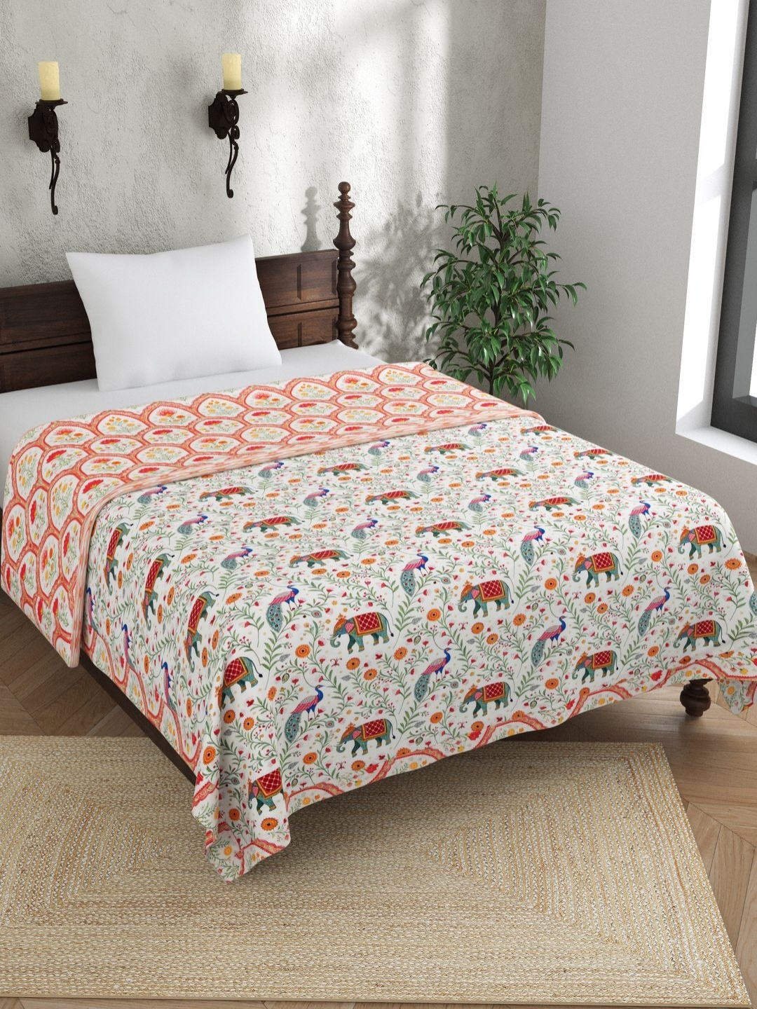 

EverHOME White & Green Ethnic Motifs AC Room 150 GSM Single Bed Dohar