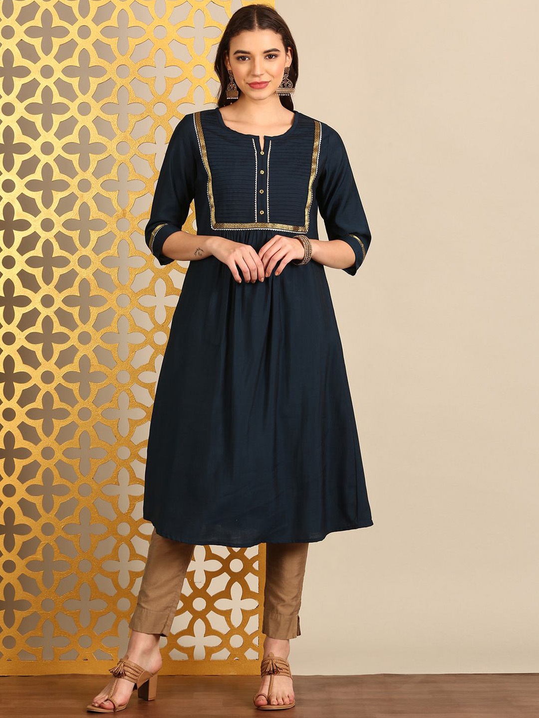 

Alena Women Flared Sleeves Gotta Patti Kurta, Navy blue