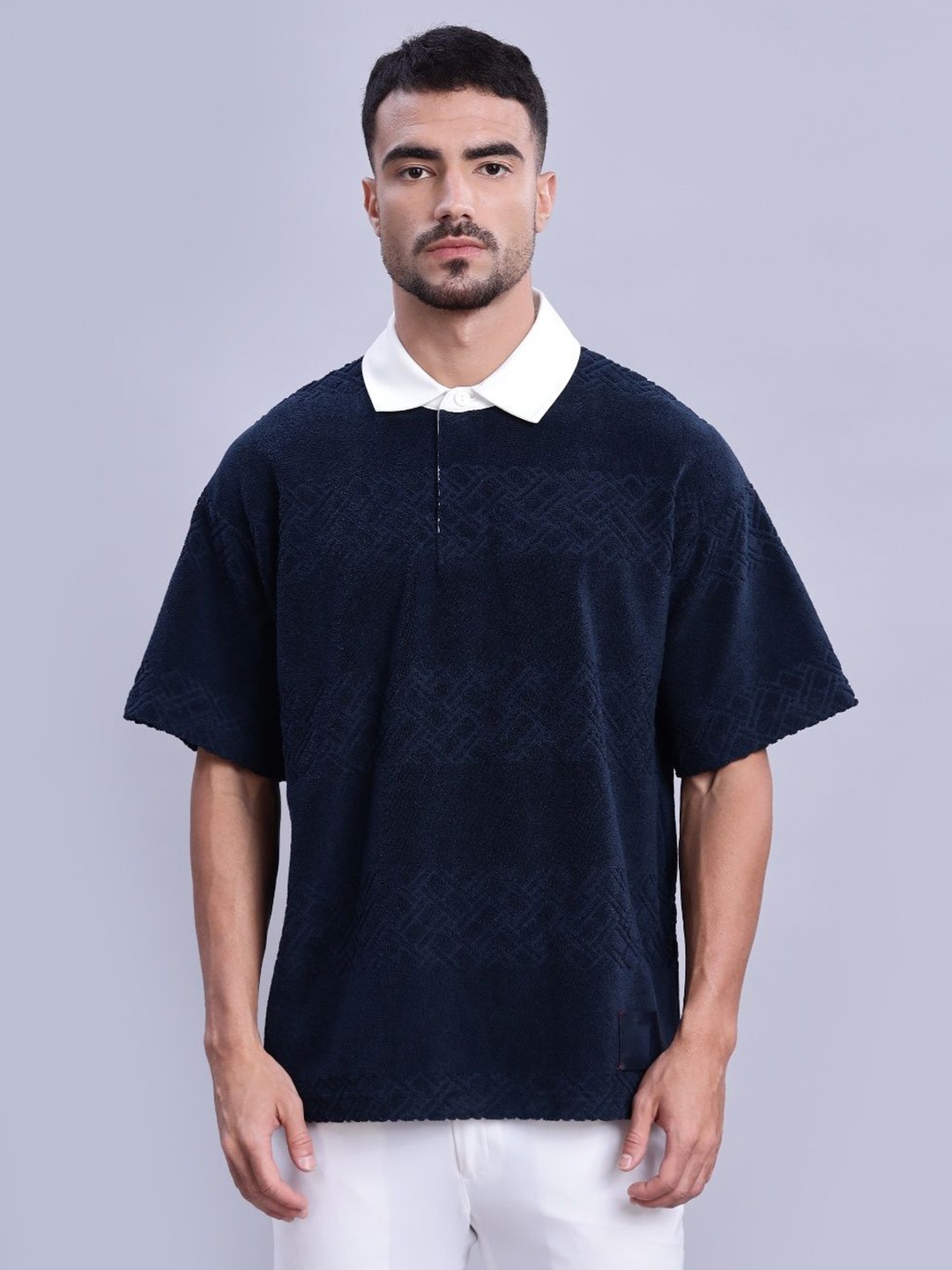 

Tommy Hilfiger Men Polo Collar Drop-Shoulder Sleeves Pure Cotton T-shirt, Navy blue