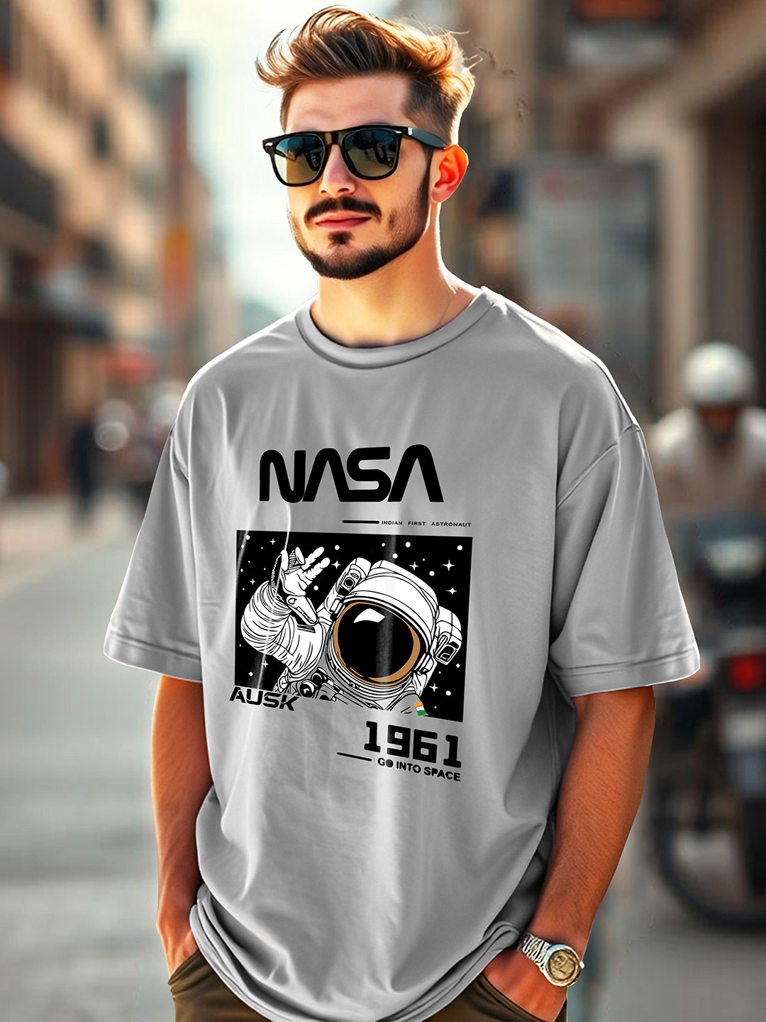 

AUSK Men Printed Drop-Shoulder Sleeves Applique T-shirt, Grey