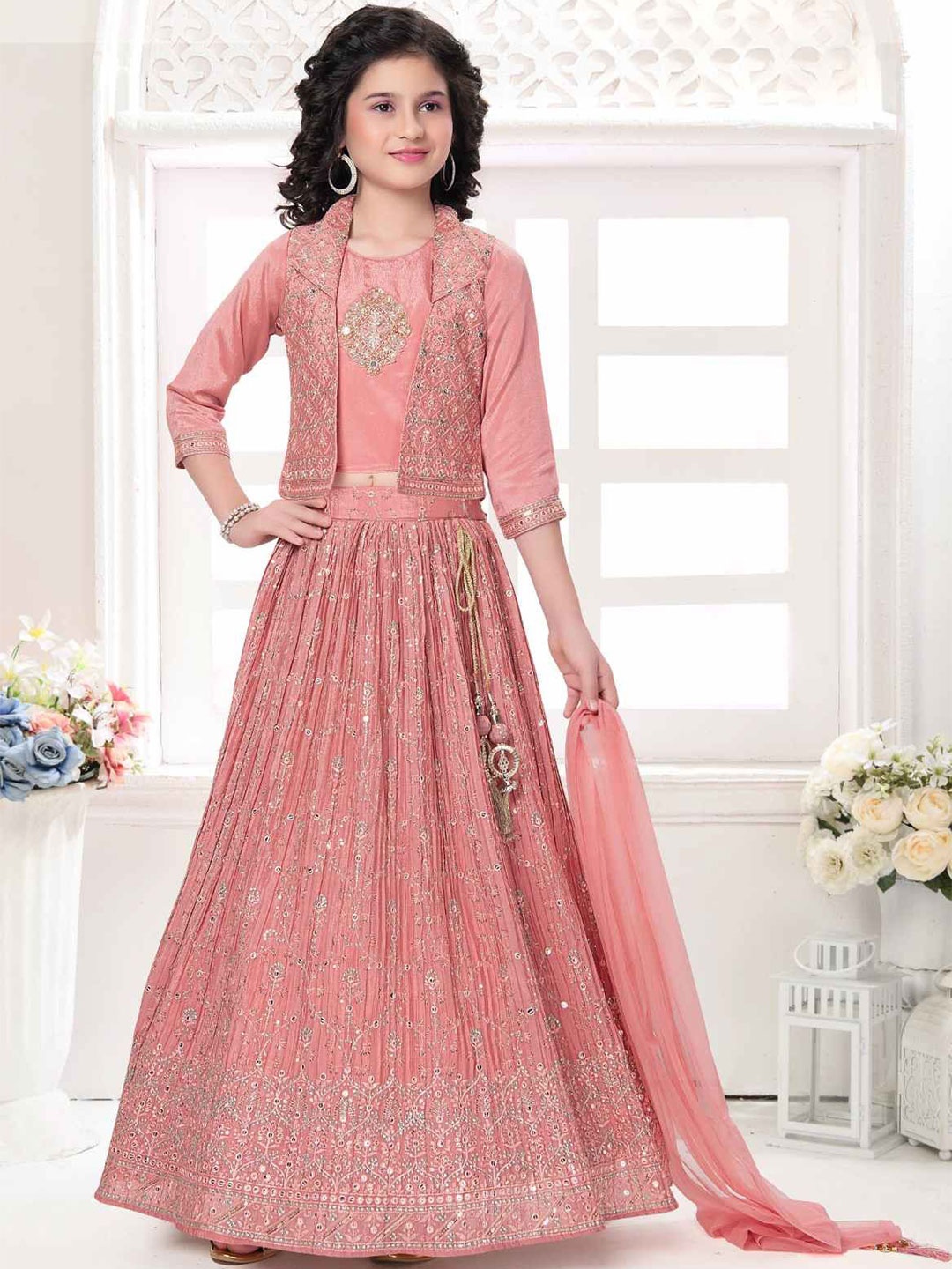 

Lagorii Girls Embellished Ready to Wear Lehenga & Blouse With Dupatta, Peach