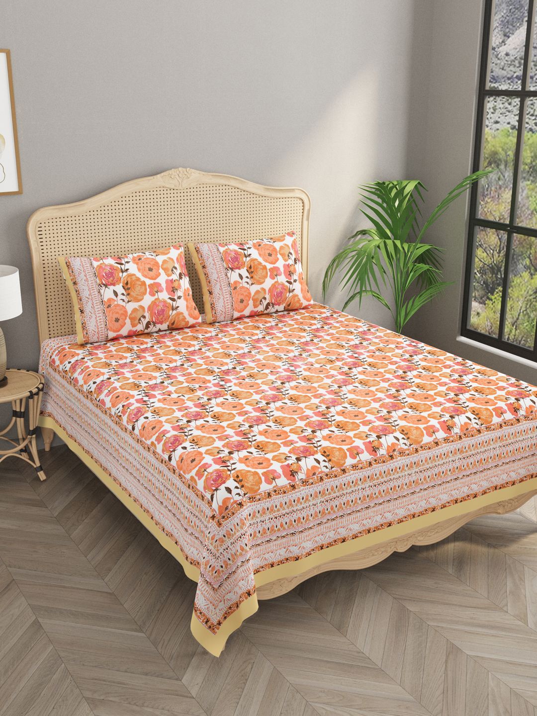 

Gulaab Jaipur White & Brown Floral 400 TC King Bedsheet with 2 Pillow Covers