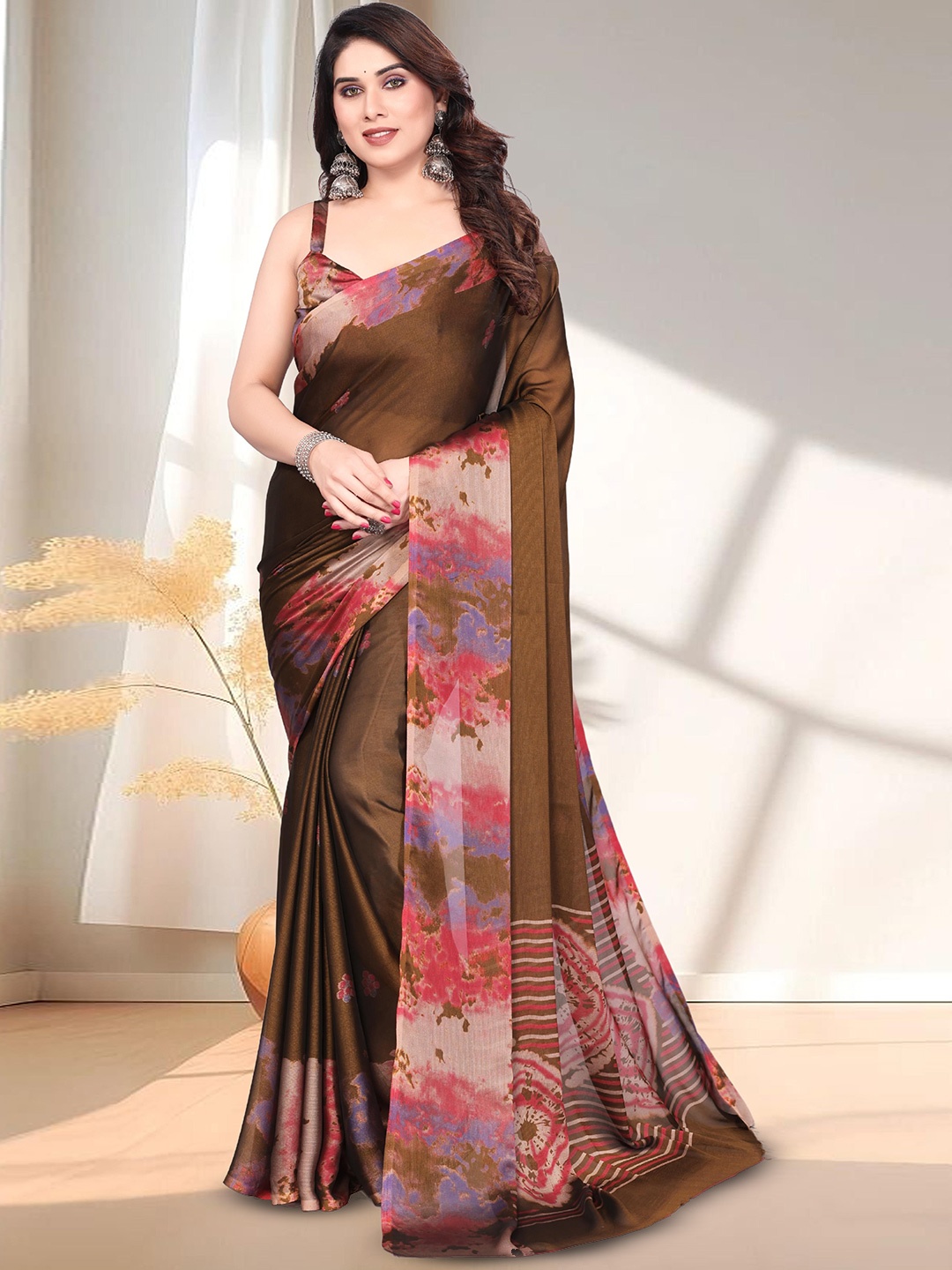 

SUPERLAXMI Floral Pure Chiffon Saree, Brown