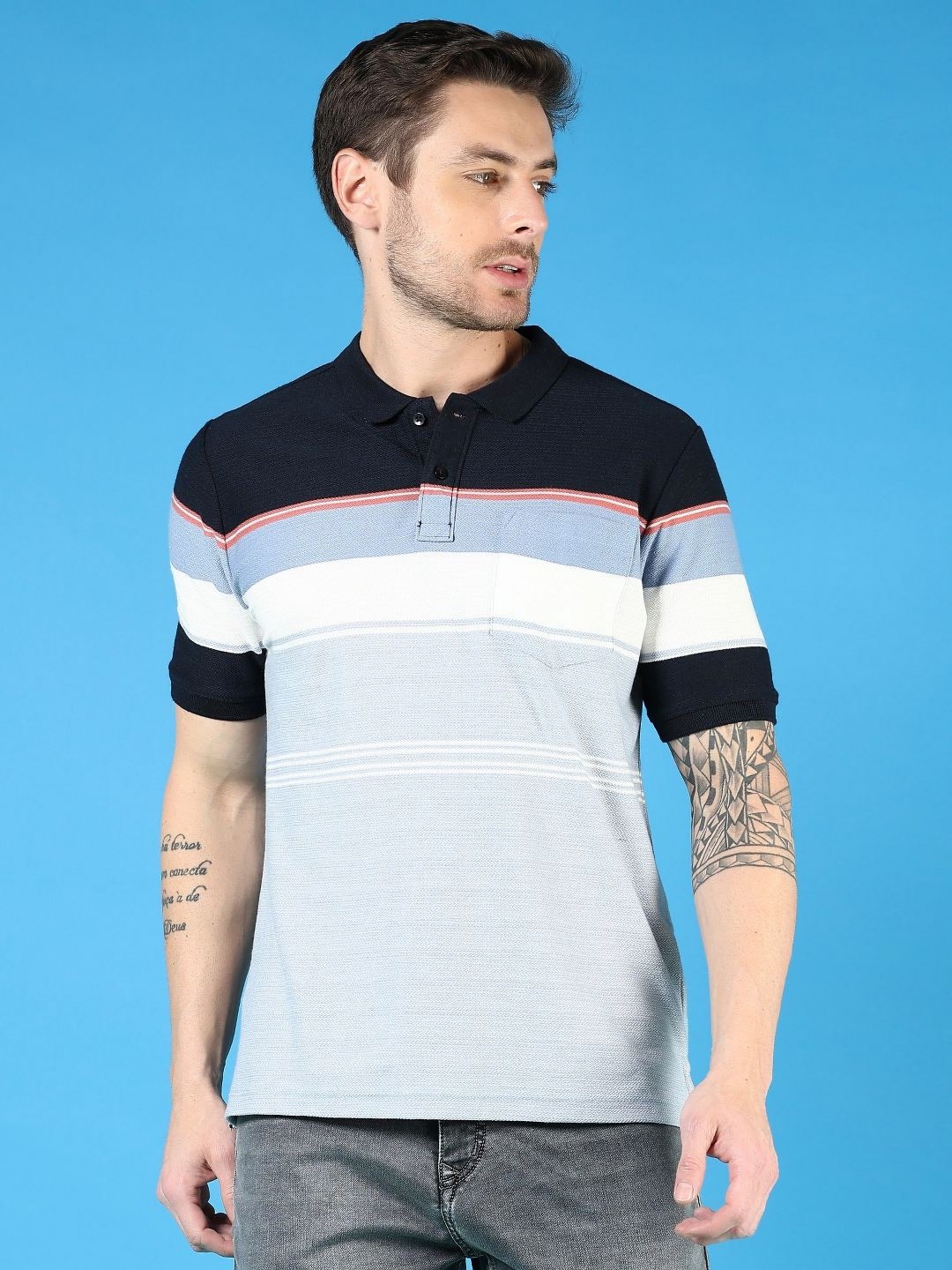 

V-Mart Men Striped Polo Collar Pockets T-shirt, Blue