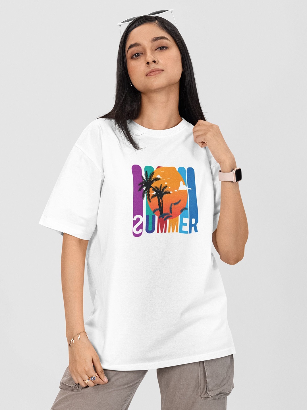 

Moda Rapido Women Printed Drop-Shoulder Sleeves Pockets T-shirt, White