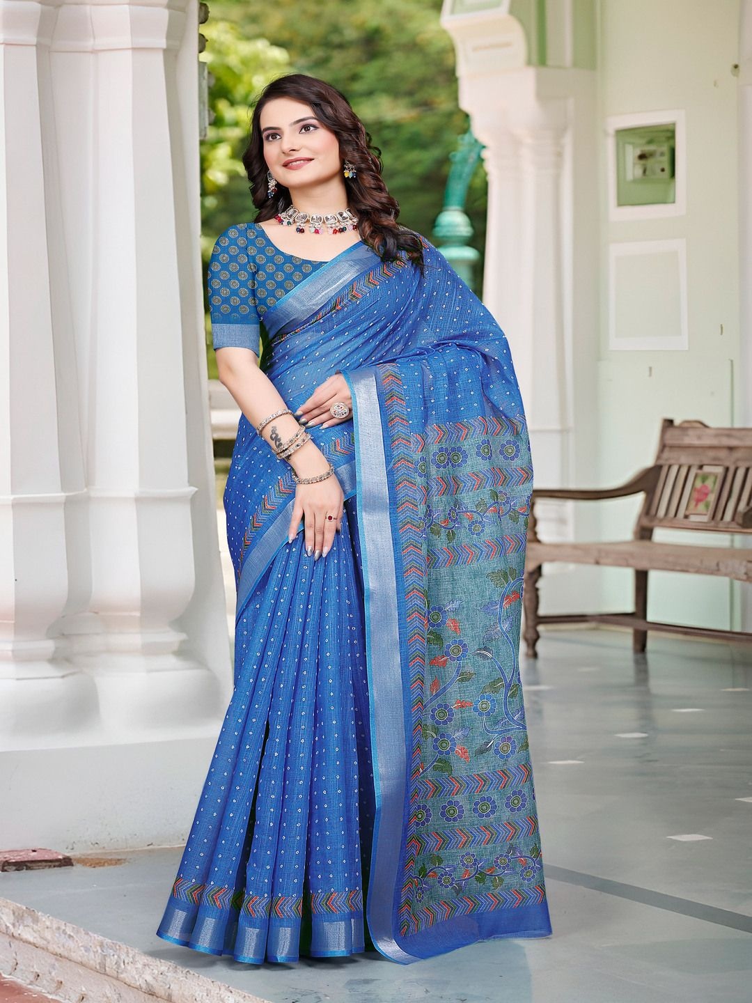 

TRENDING KART Floral Zari Linen Blend Chanderi Saree, Blue