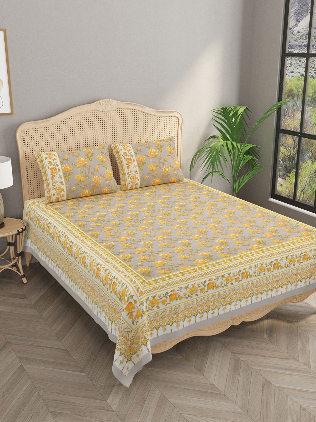 

Gulaab Jaipur Grey & Yellow Floral 400 TC King Bedsheet with 2 Pillow Covers