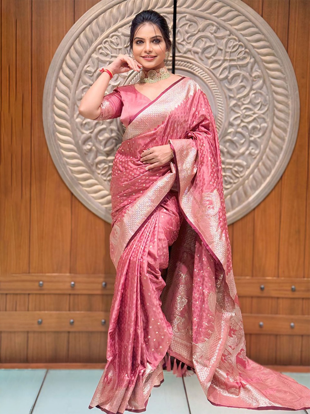 

all about you Woven Design Zari Satin Banarasi Saree, Pink
