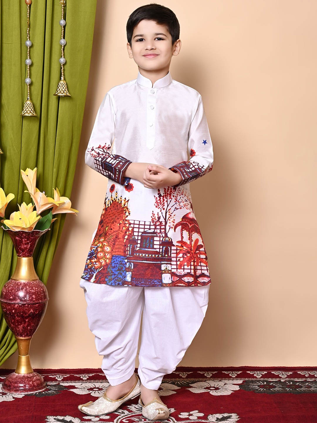 

BAESD Boys Printed Regular Dupion Silk Kurta with Patiala, White
