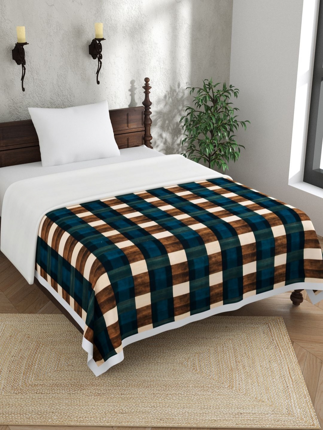 

EverHOME Green & Brown Checked AC Room 150 GSM Single Bed Dohar