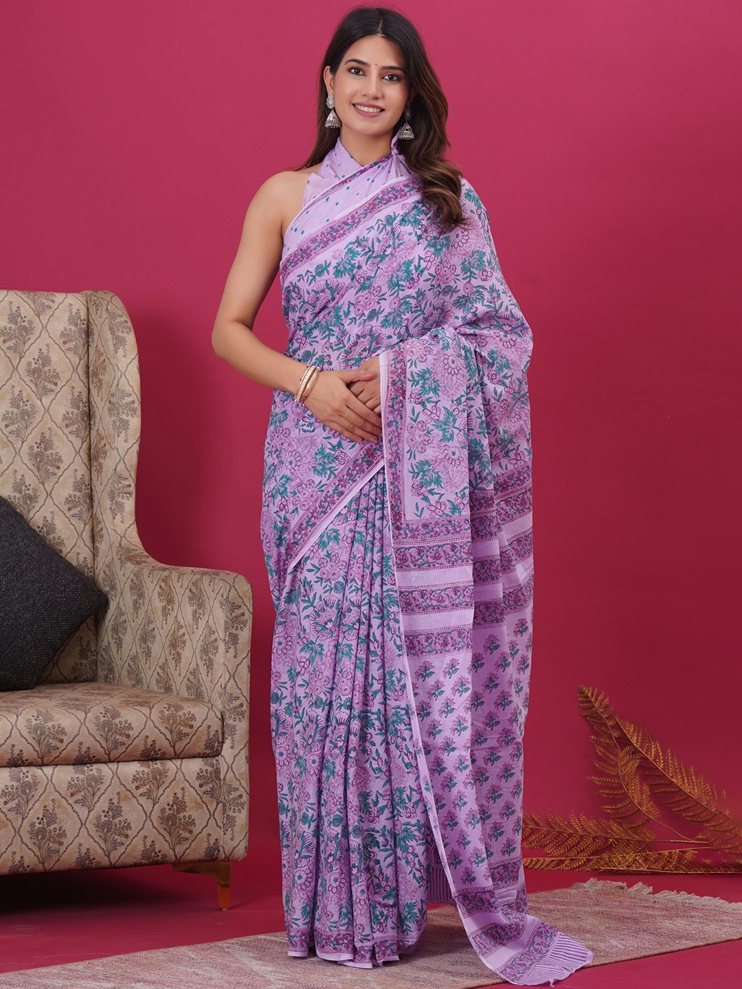 

Vanedik Floral Pure Cotton Block Print Saree, Pink