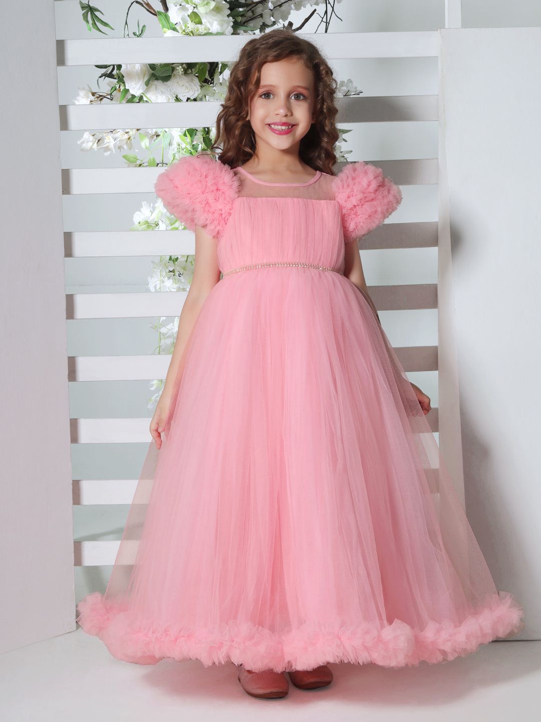 

Ministitch Puff Sleeve Net Fit & Flare Maxi Dress, Pink
