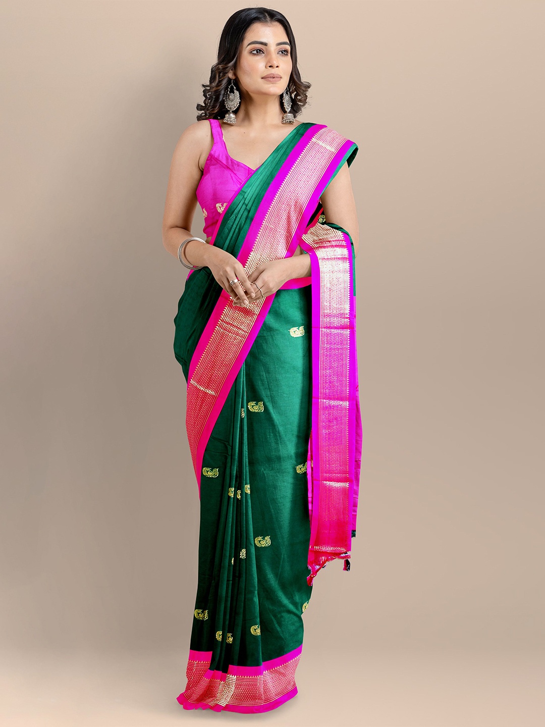 

Dnyanada Woven Design Zari Paithani Saree, Green