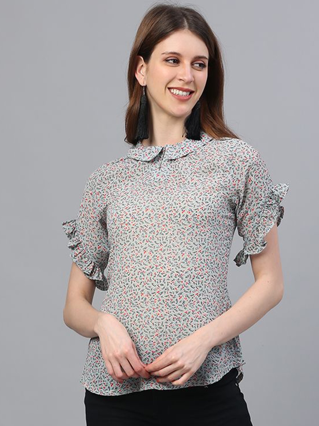 

VEGAL Print Puff Sleeve Georgette Top, Blue