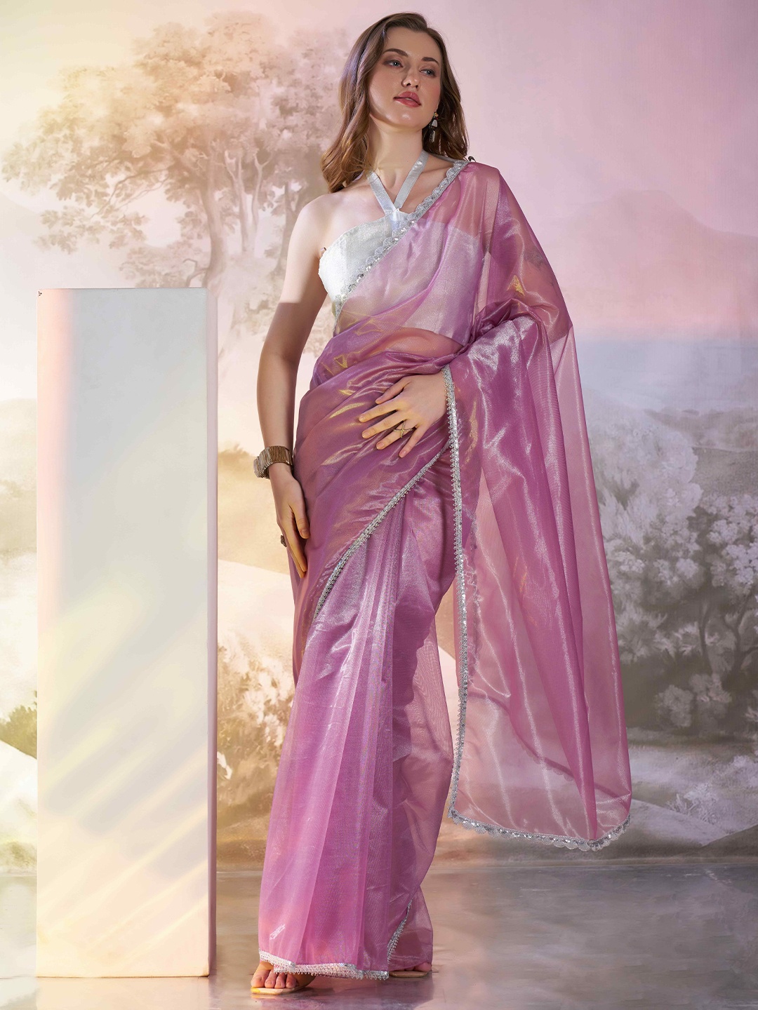 

HERE&NOW Beads and Stones Net Tussar Saree, Pink