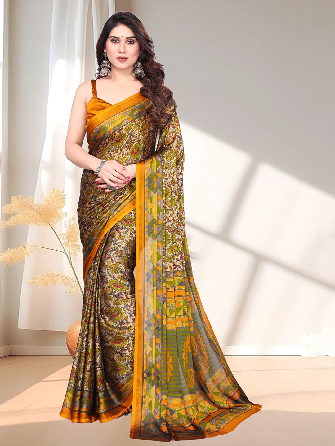 

SUPERLAXMI Floral Pure Chiffon Saree, Mustard
