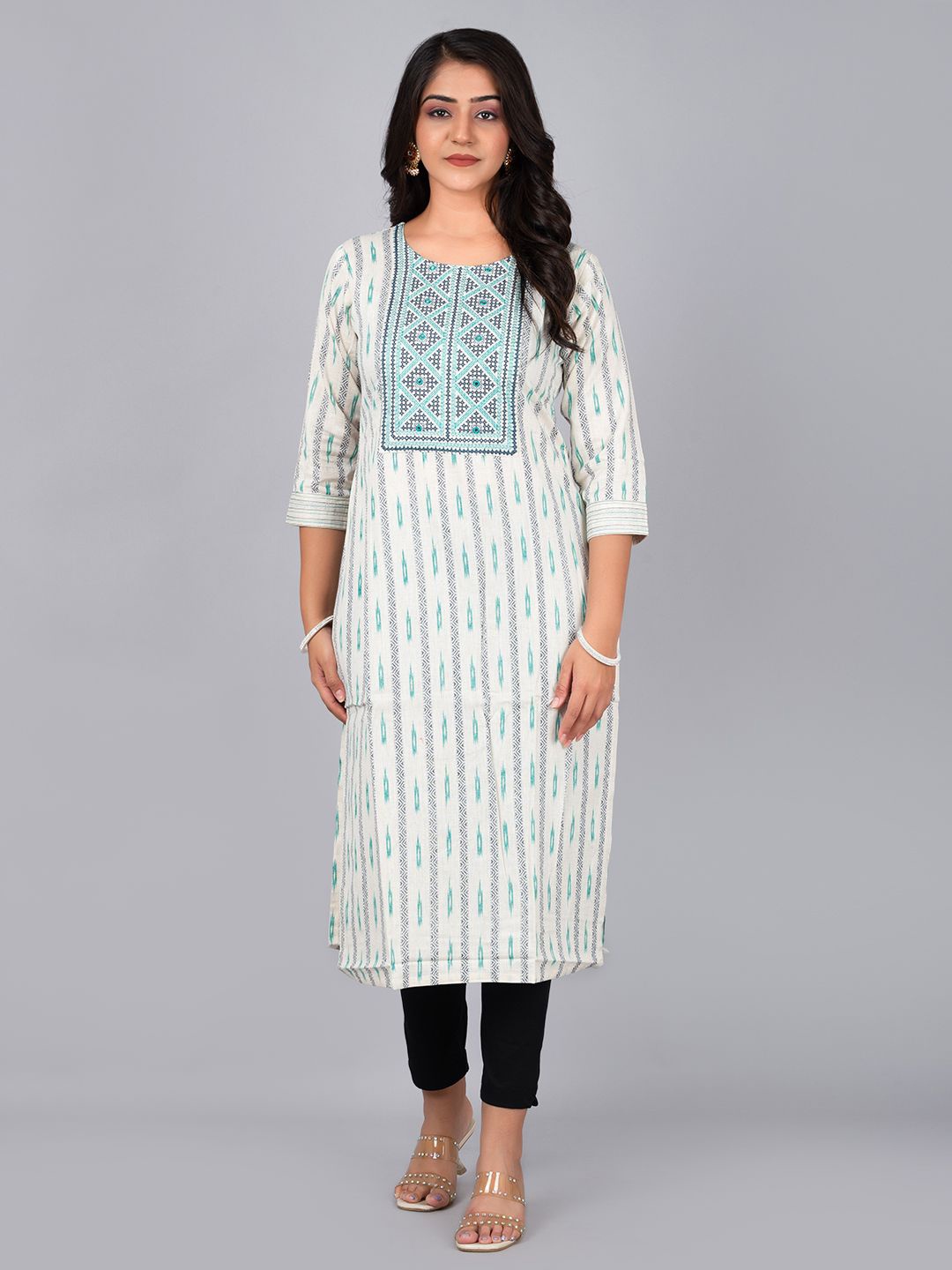 

TRIVEDI Ethnic Motifs Printed Pure Cotton Straight Kurta, Cream