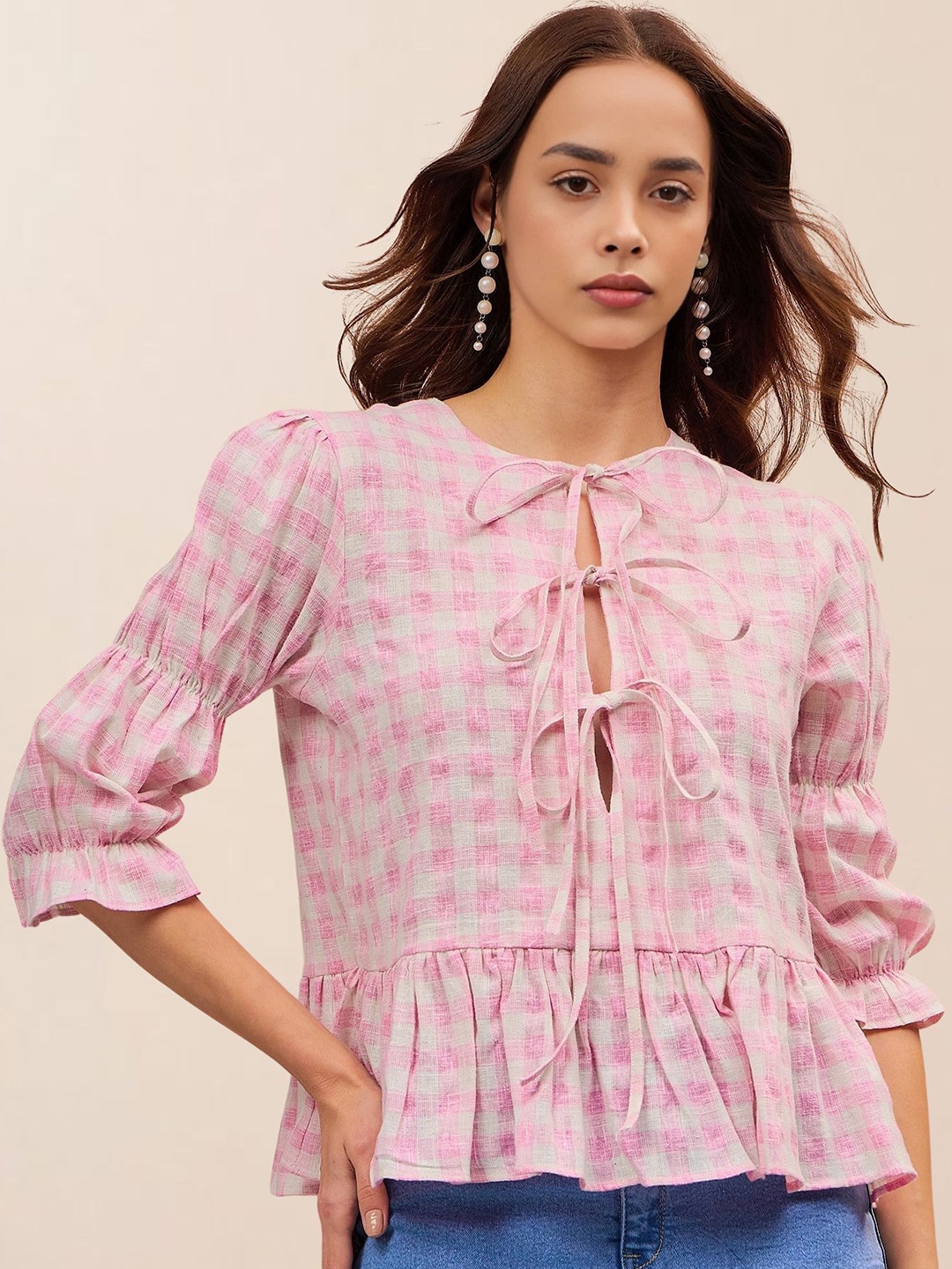 

Mast & Harbour Checked Puff Sleeve Cotton Peplum Crop Top, Pink