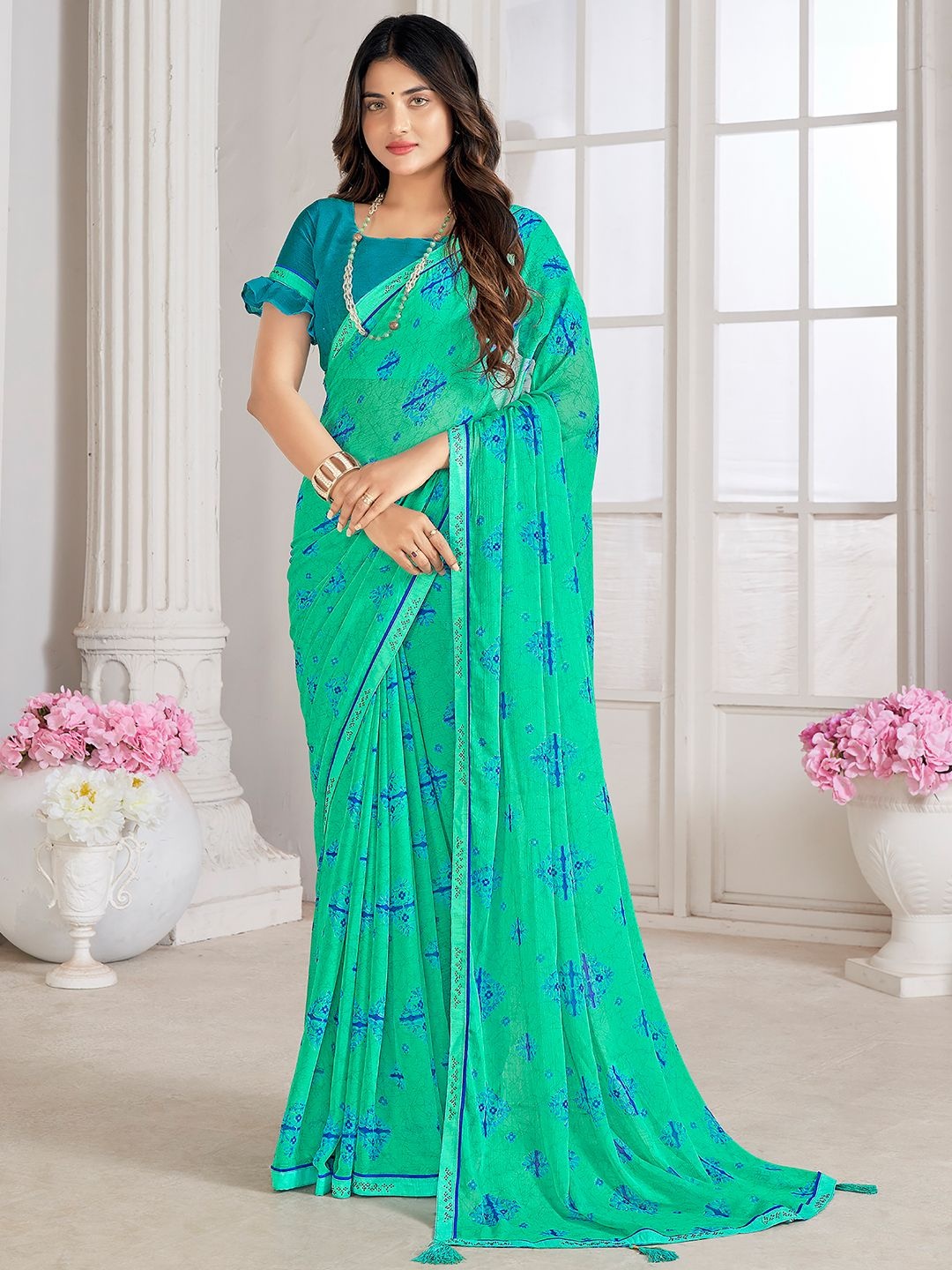 

LeeliPeeri Designer Floral Beads and Stones Poly Chiffon Saree, Blue