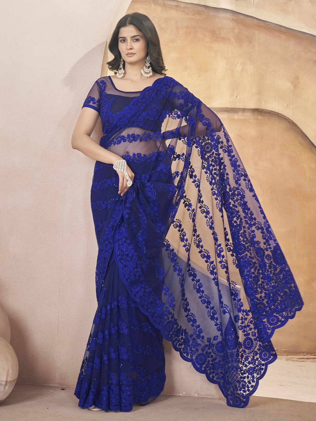 

Panzora Embellished Embroidered Net Saree, Blue