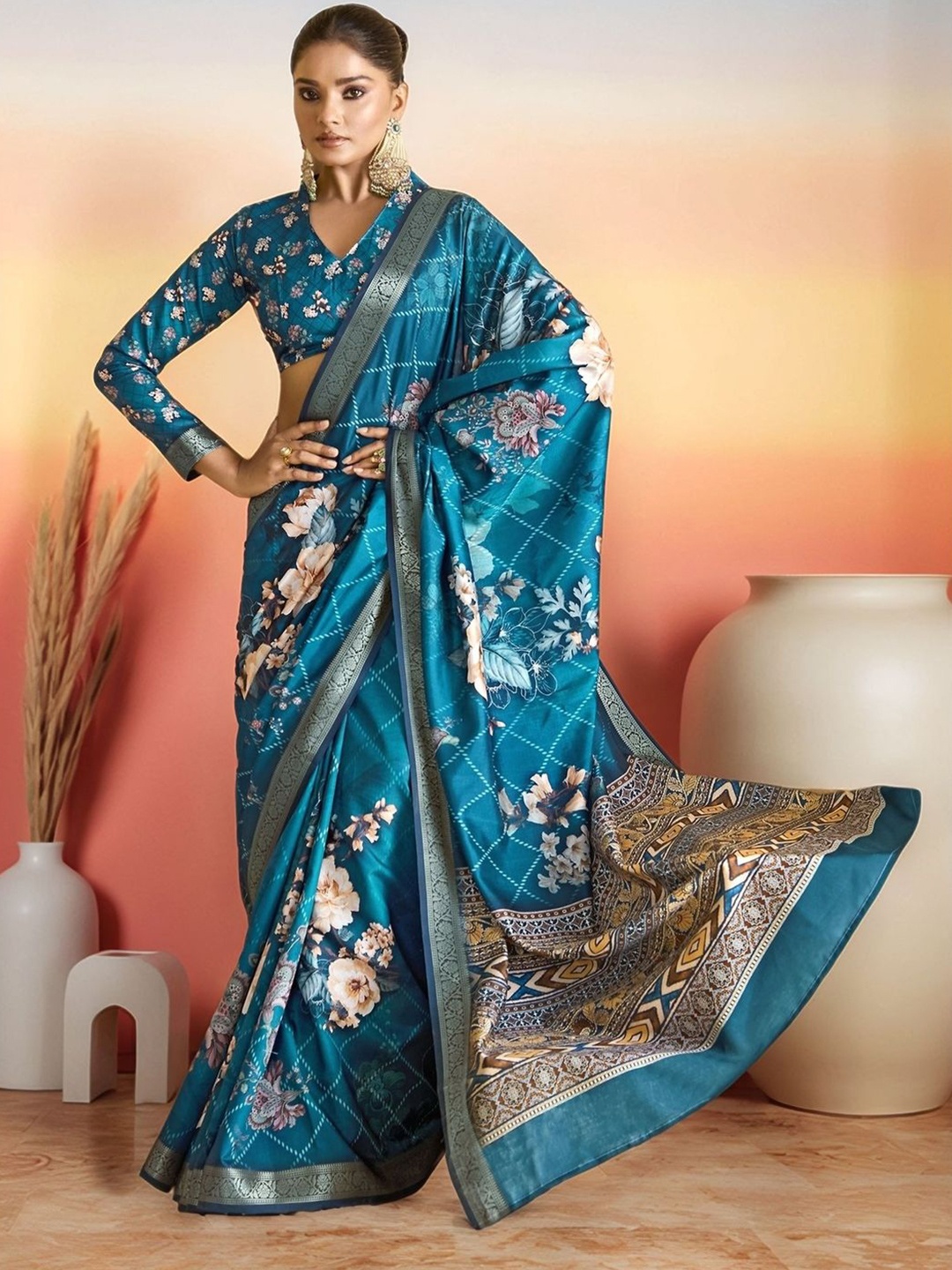 

Sangria Tussar Silk Floral Printed Saree With Blouse Piece, Blue