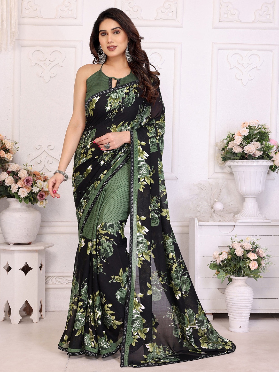 

Moda Rapido Floral Poly Georgette Saree, Olive