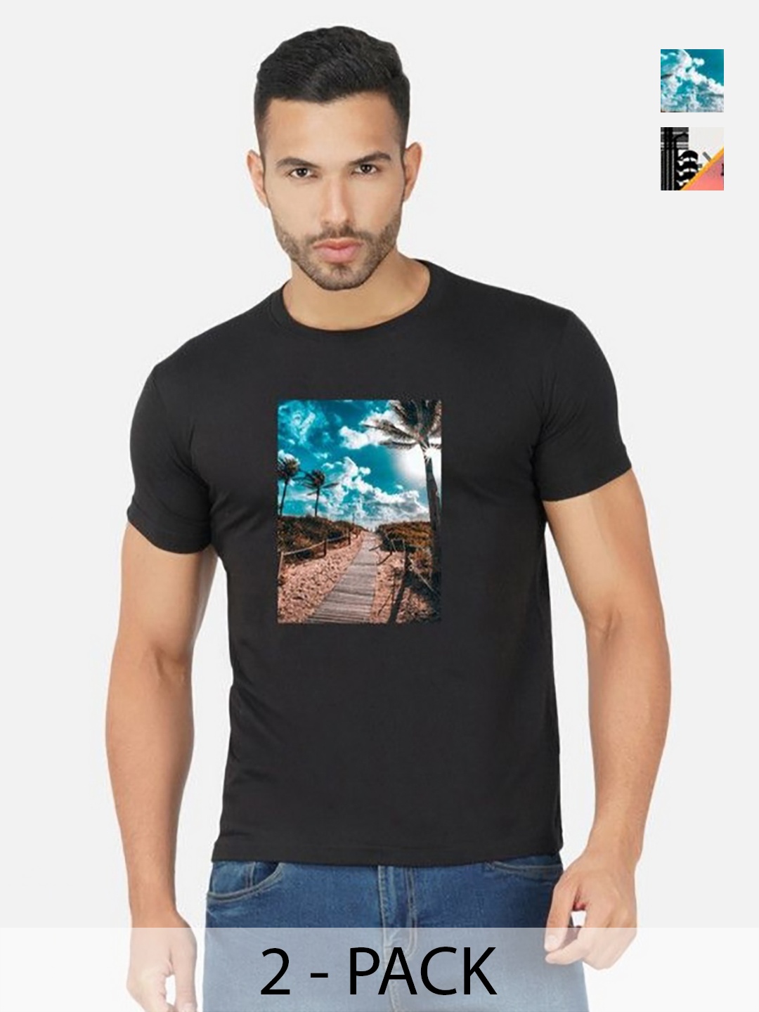 

GLOBAL NOMAD Men 2 Printed Bio Finish Applique T-shirt, Black