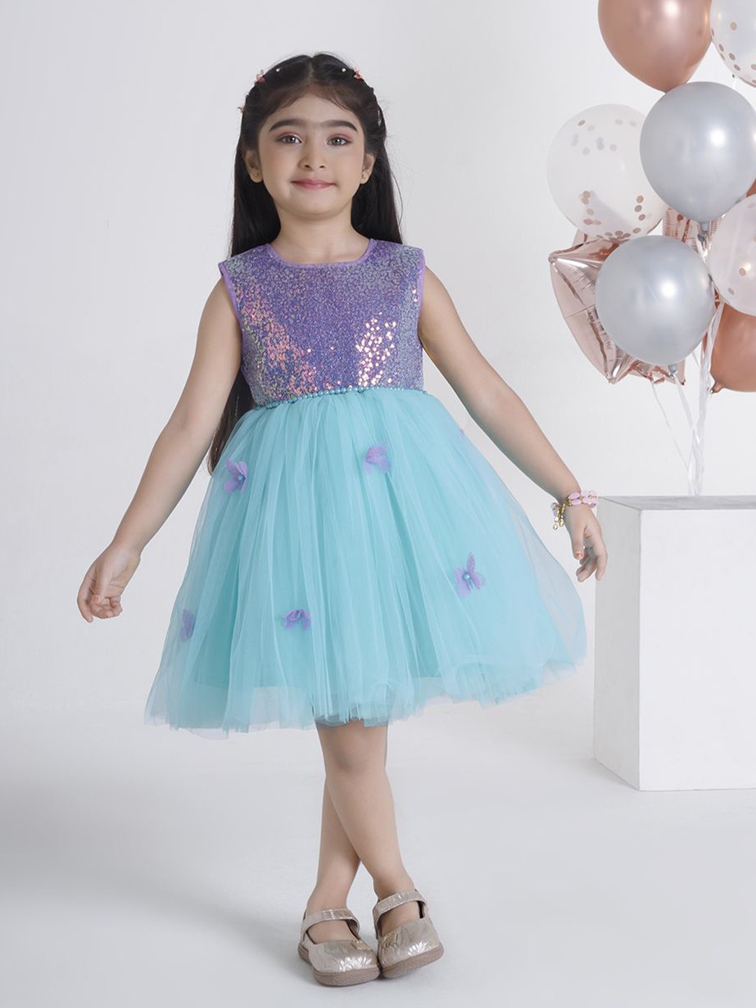 

Ministitch Applique Net Fit & Flare Dress, Purple