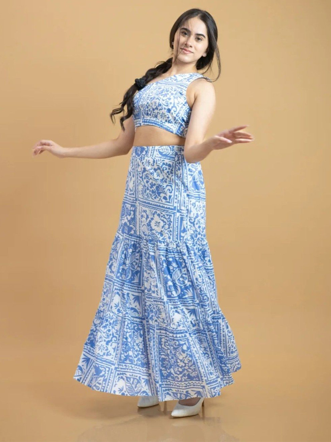 

Veeralda Printed Off Shoulder Neck Top With Skirt Co-Ords, Blue